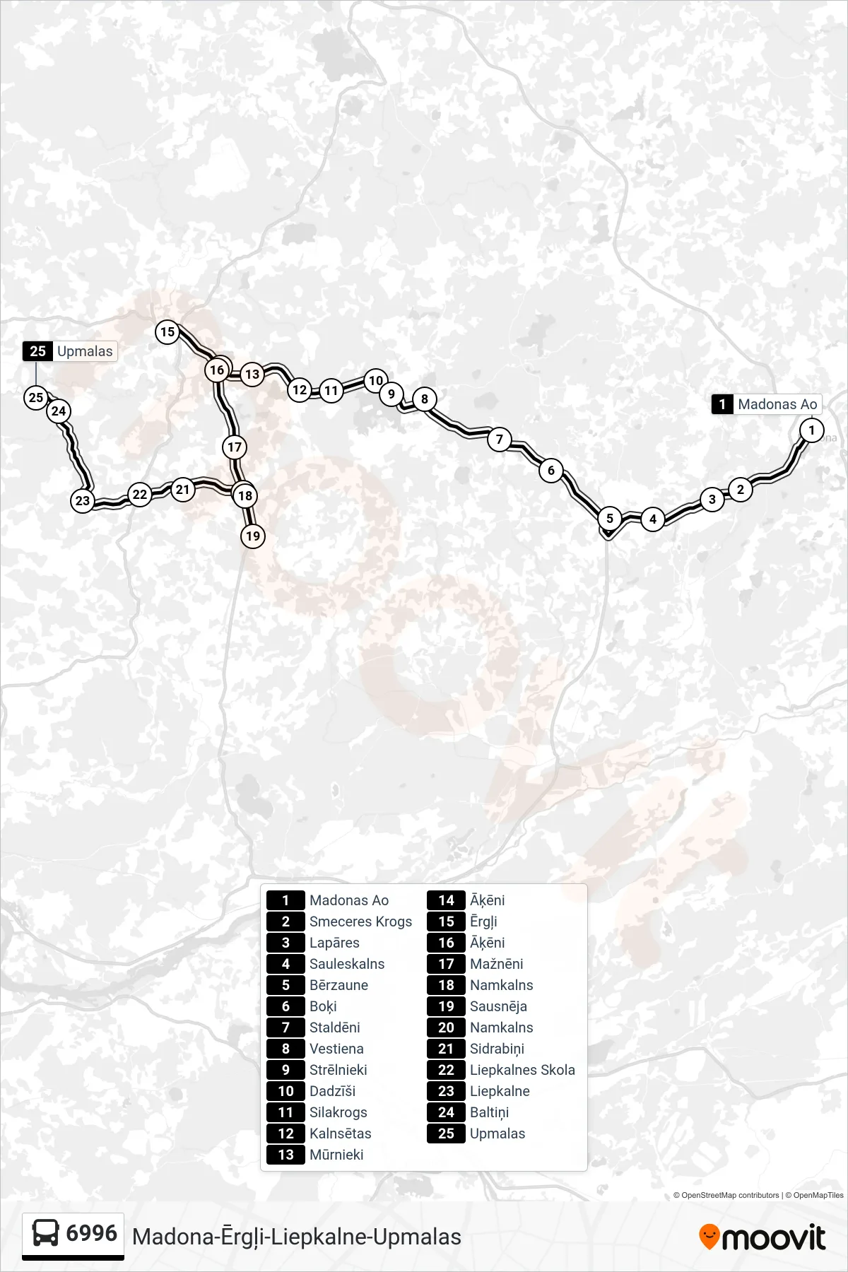 6996 bus Line (Upmalas) route and stops on a map