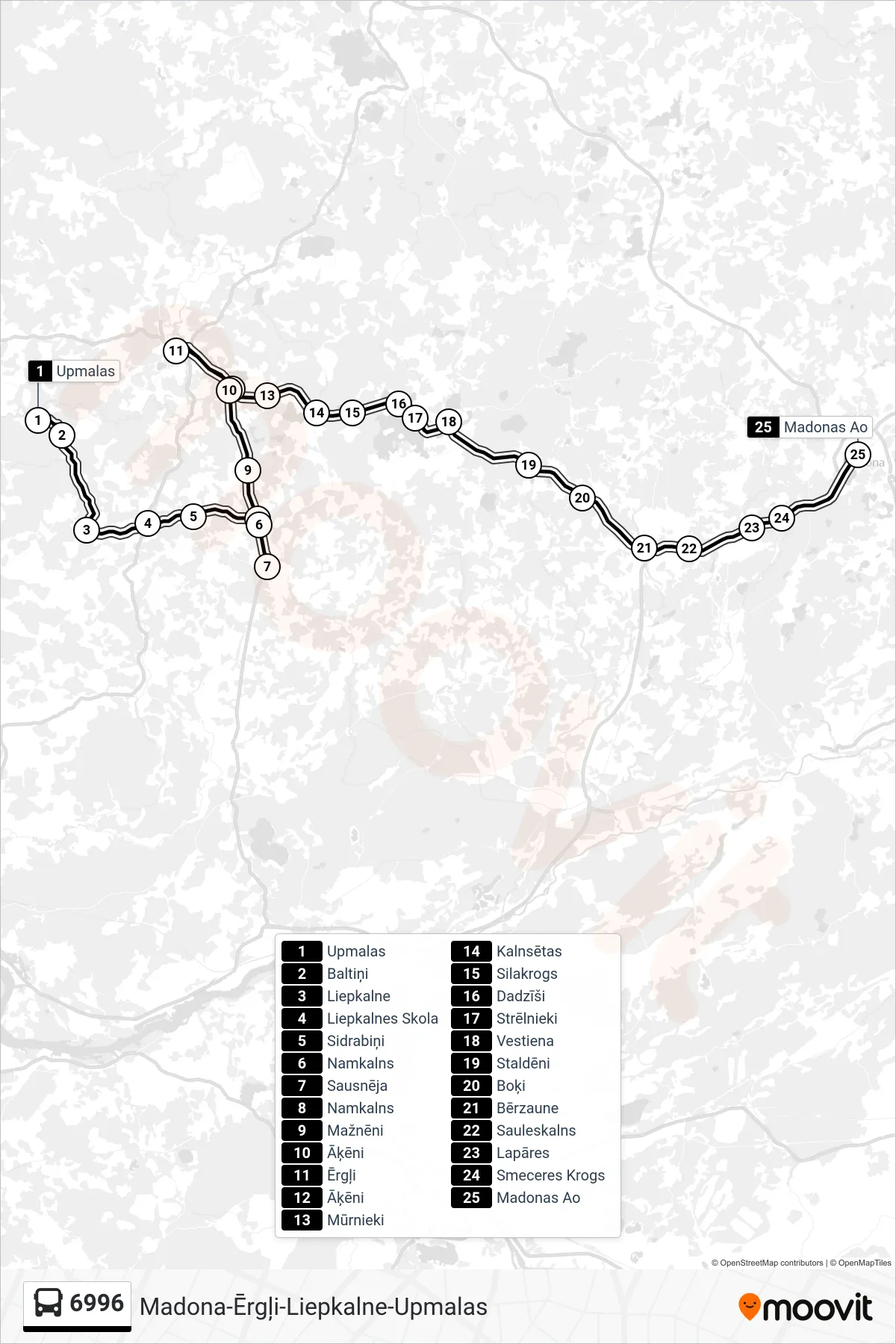 6996 bus Line (Madonas Ao) route and stops on a map