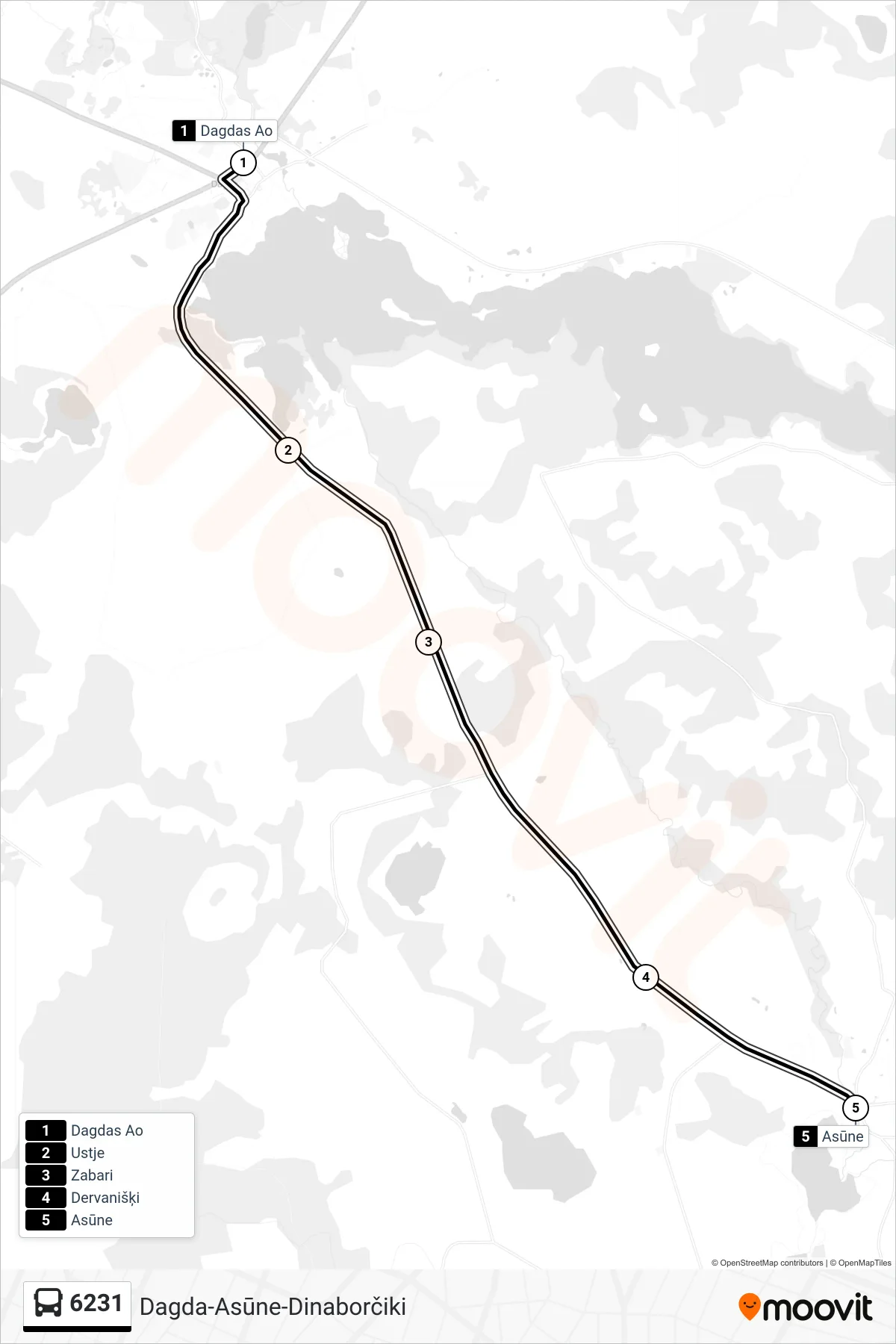 6231 bus Line (Asūne) route and stops on a map