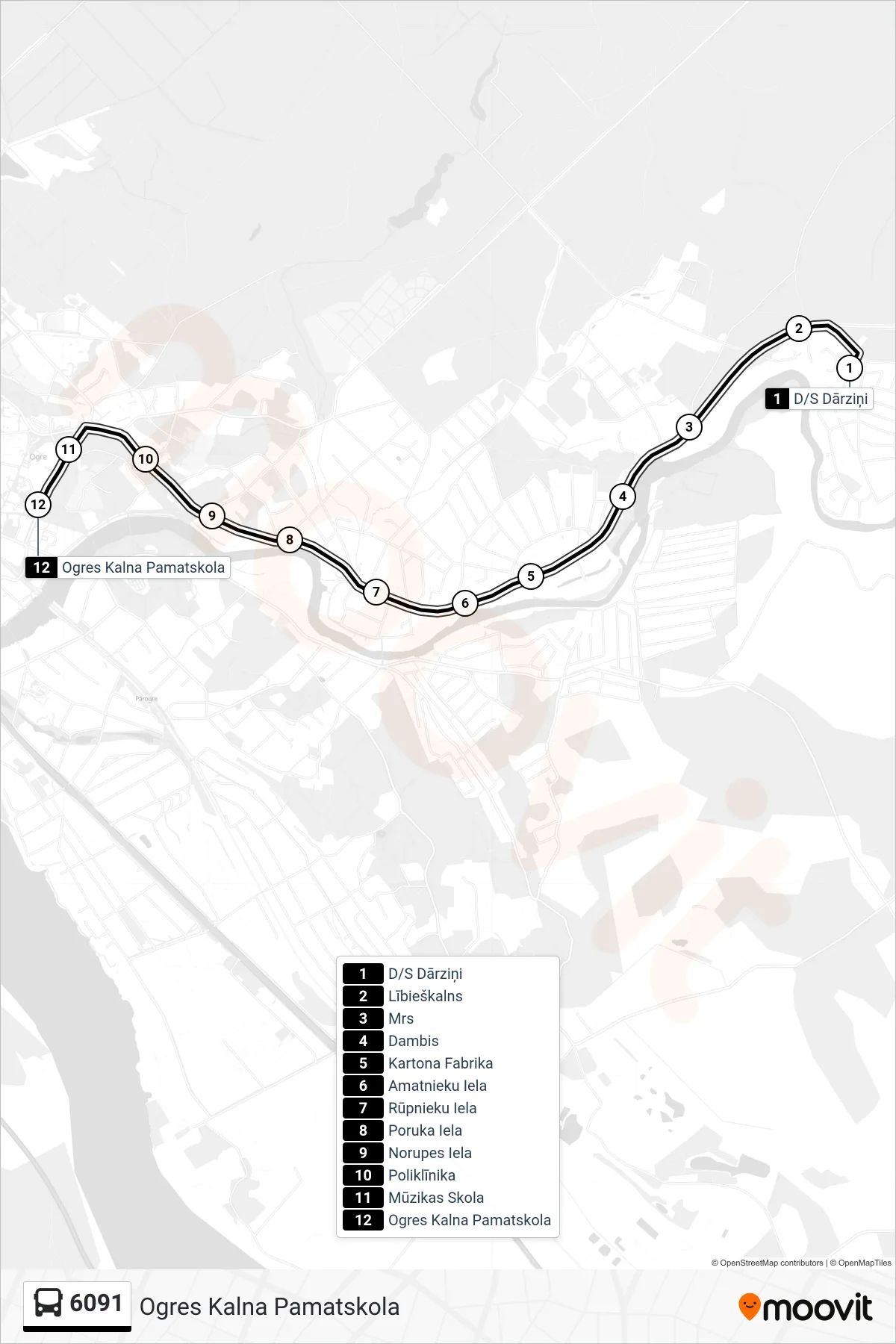 6091 bus Line (Ogres Kalna Pamatskola) route and stops on a map