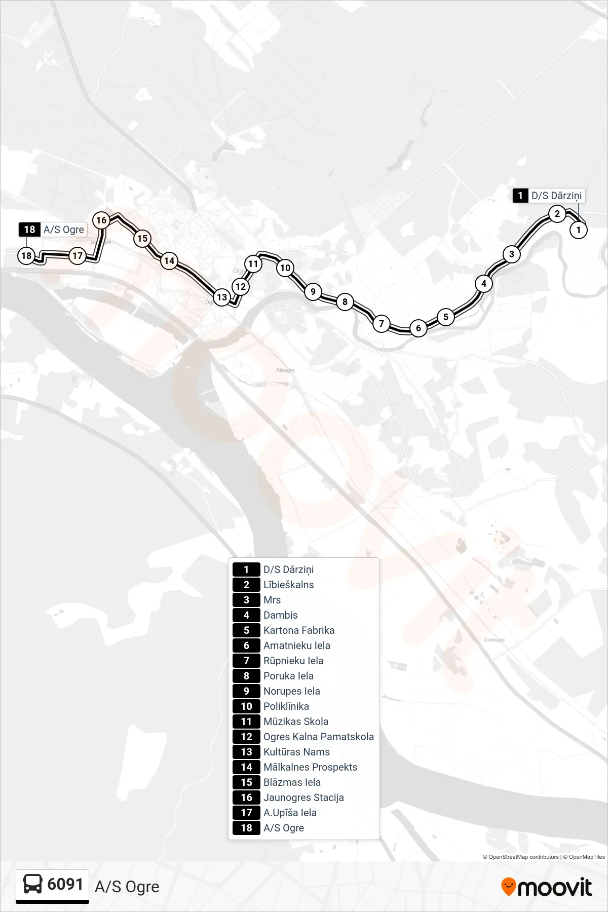 6091 bus Line (A/S Ogre) route and stops on a map