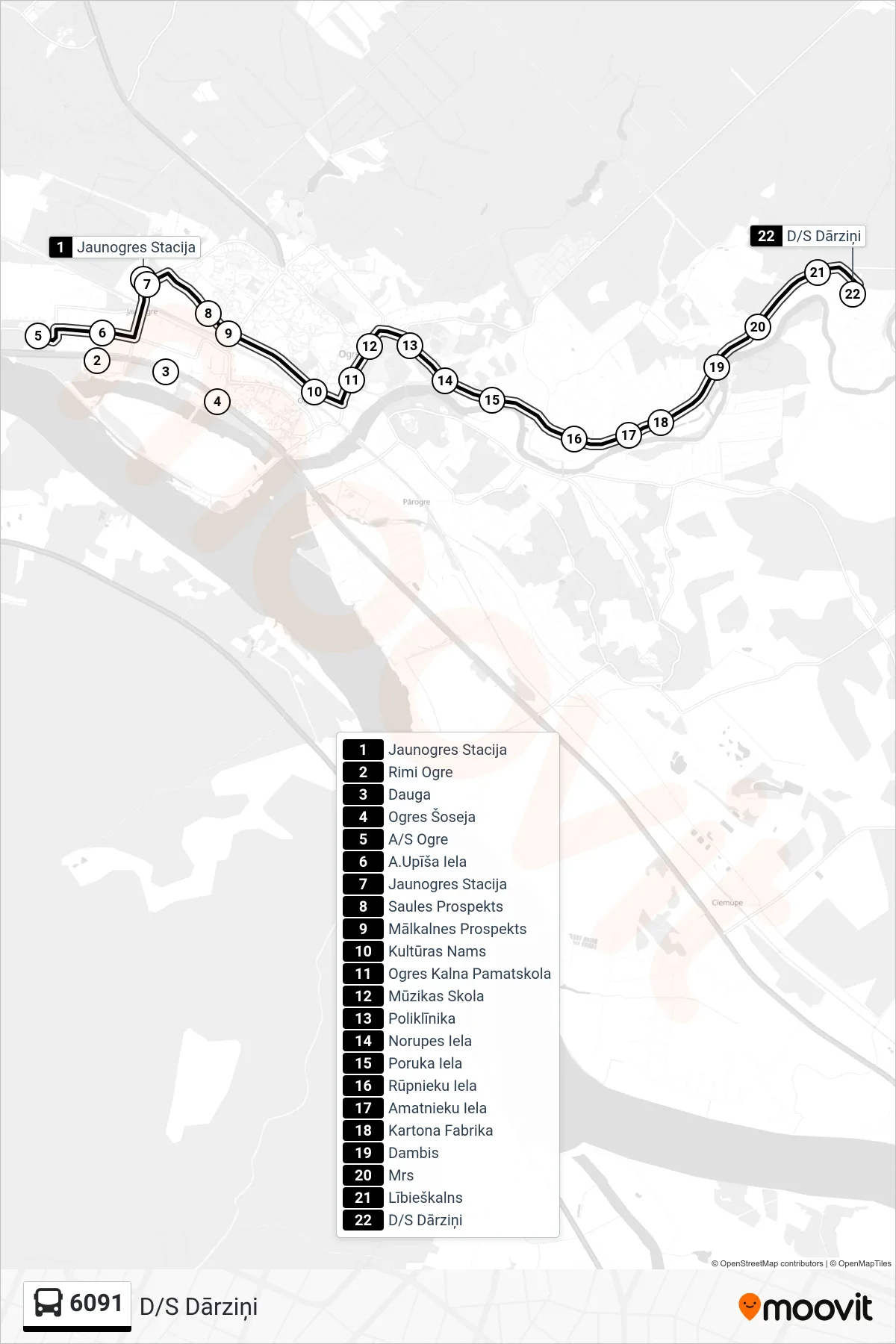 6091 bus Line (D/S Dārziņi) route and stops on a map