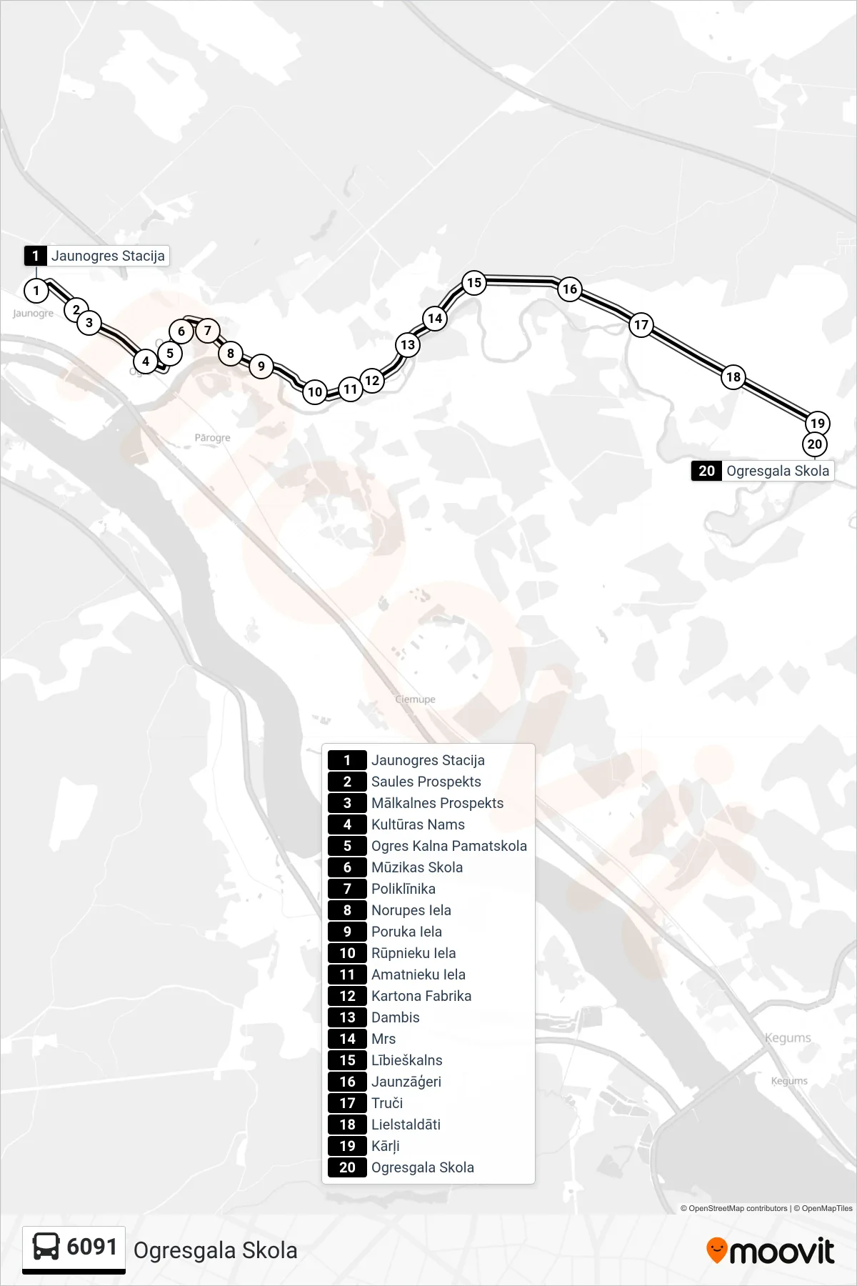 6091 bus Line (Ogresgala Skola) route and stops on a map