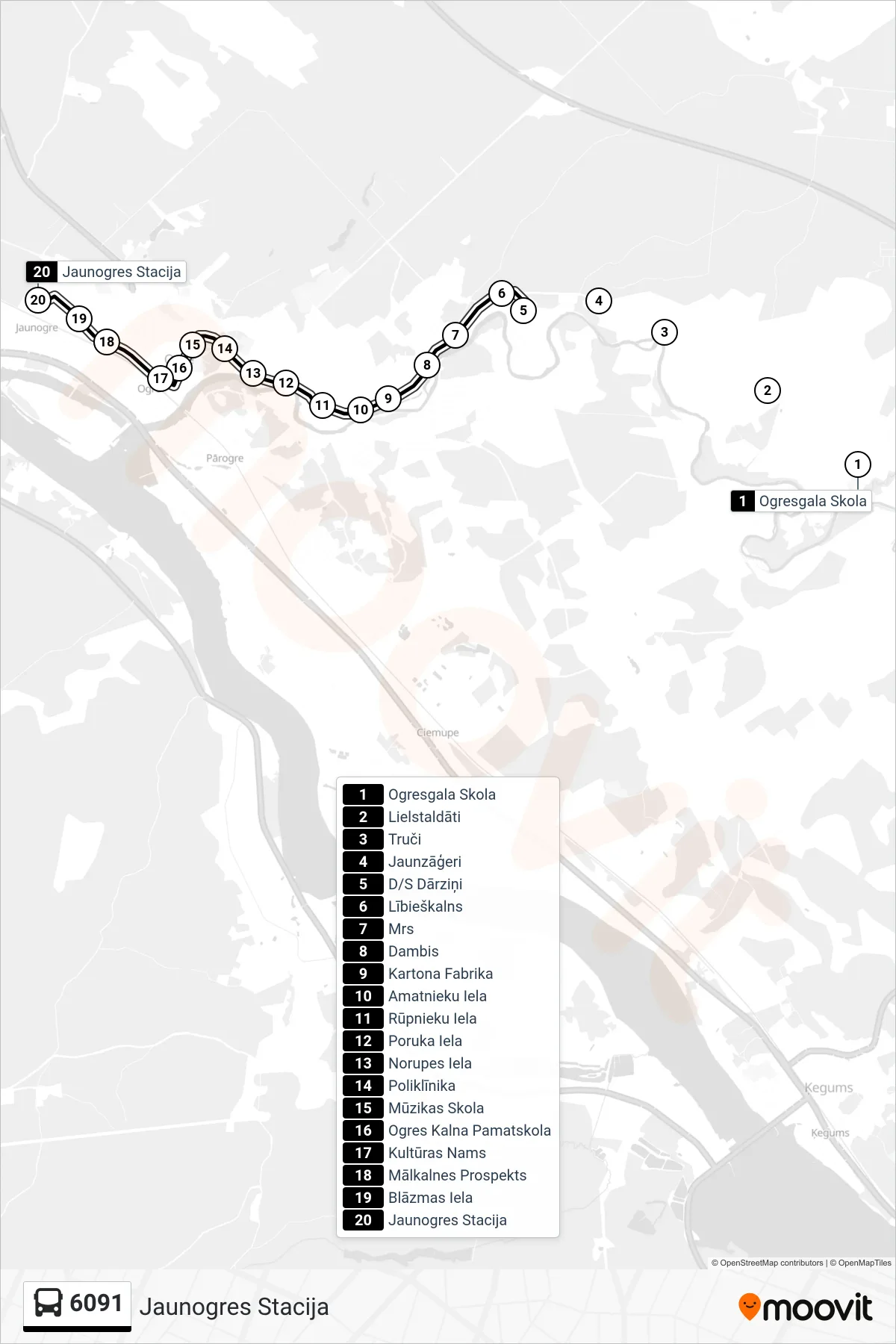 6091 bus Line (Jaunogres Stacija) route and stops on a map
