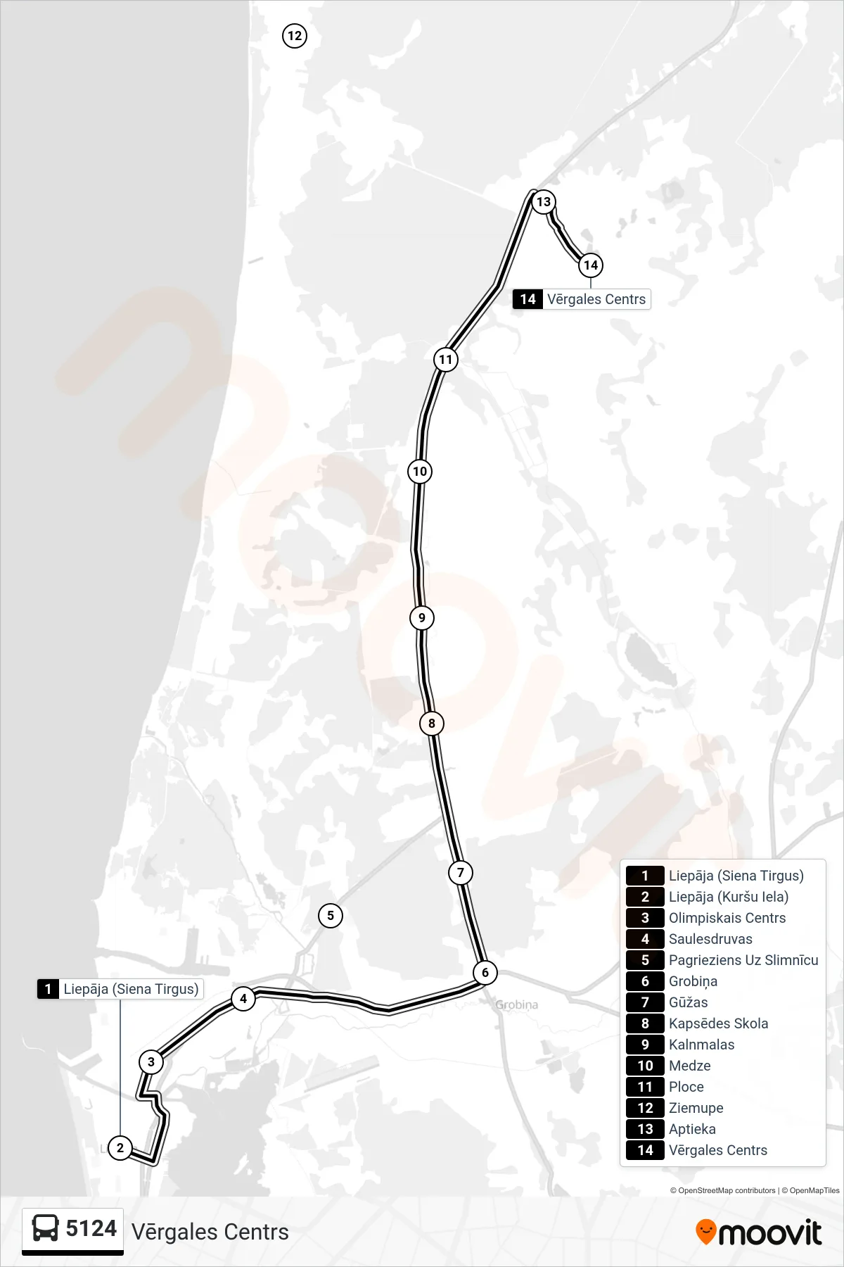 5124 bus Line (Vērgales Centrs) route and stops on a map