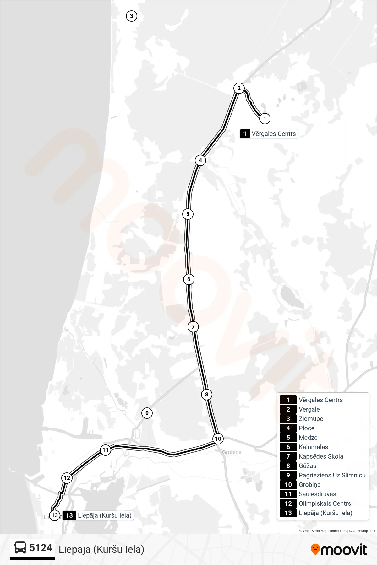 5124 bus Line (Liepāja (Kuršu Iela)) route and stops on a map