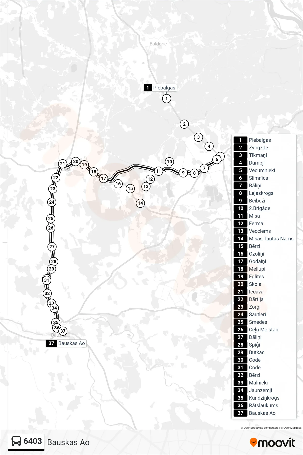6403 bus Line (Bauskas Ao) route and stops on a map