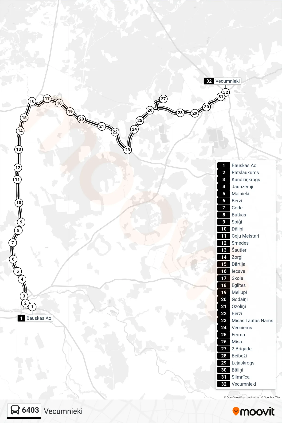 6403 bus Line (Vecumnieki) route and stops on a map