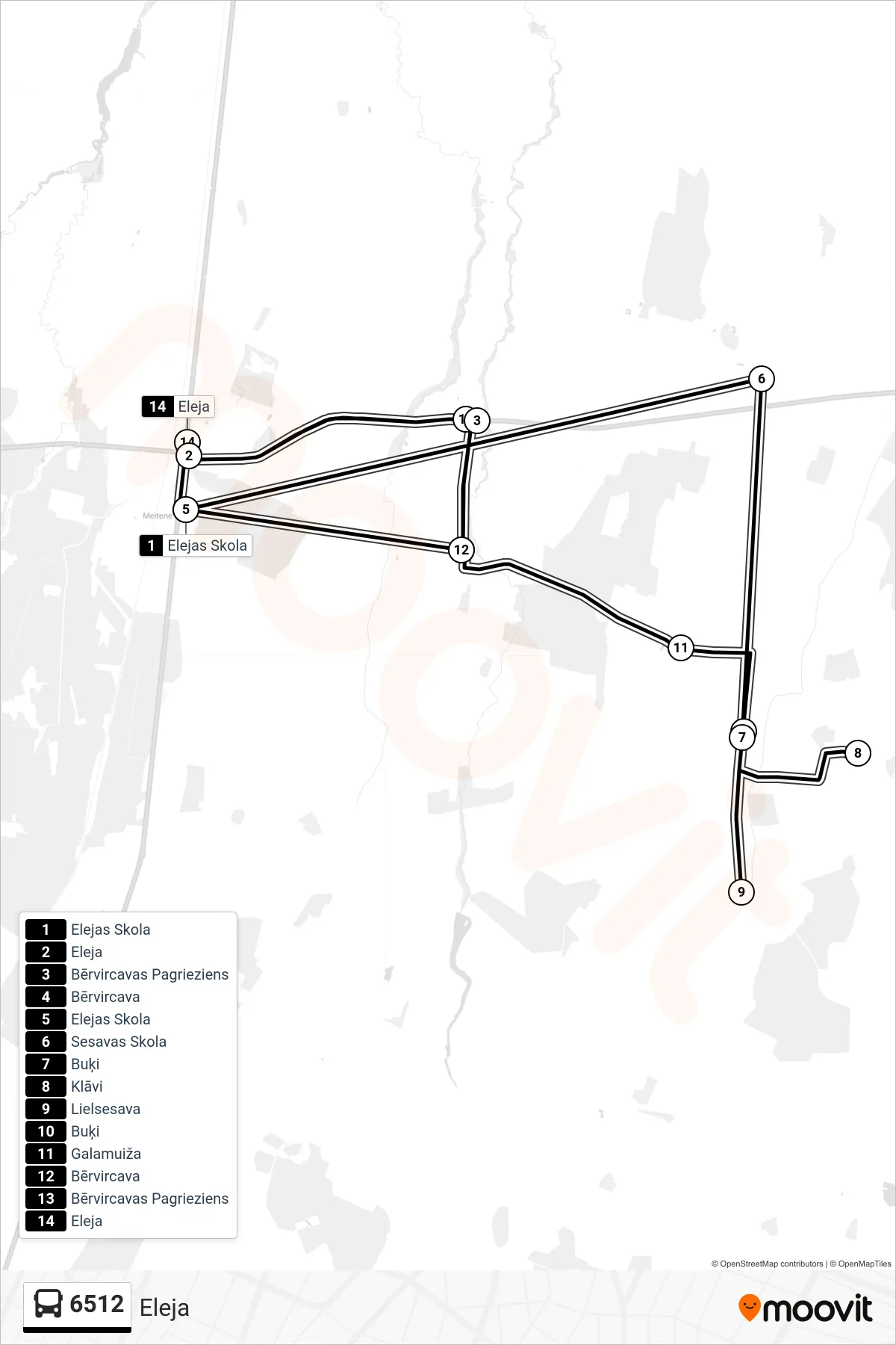 6512 bus Line (Eleja) route and stops on a map
