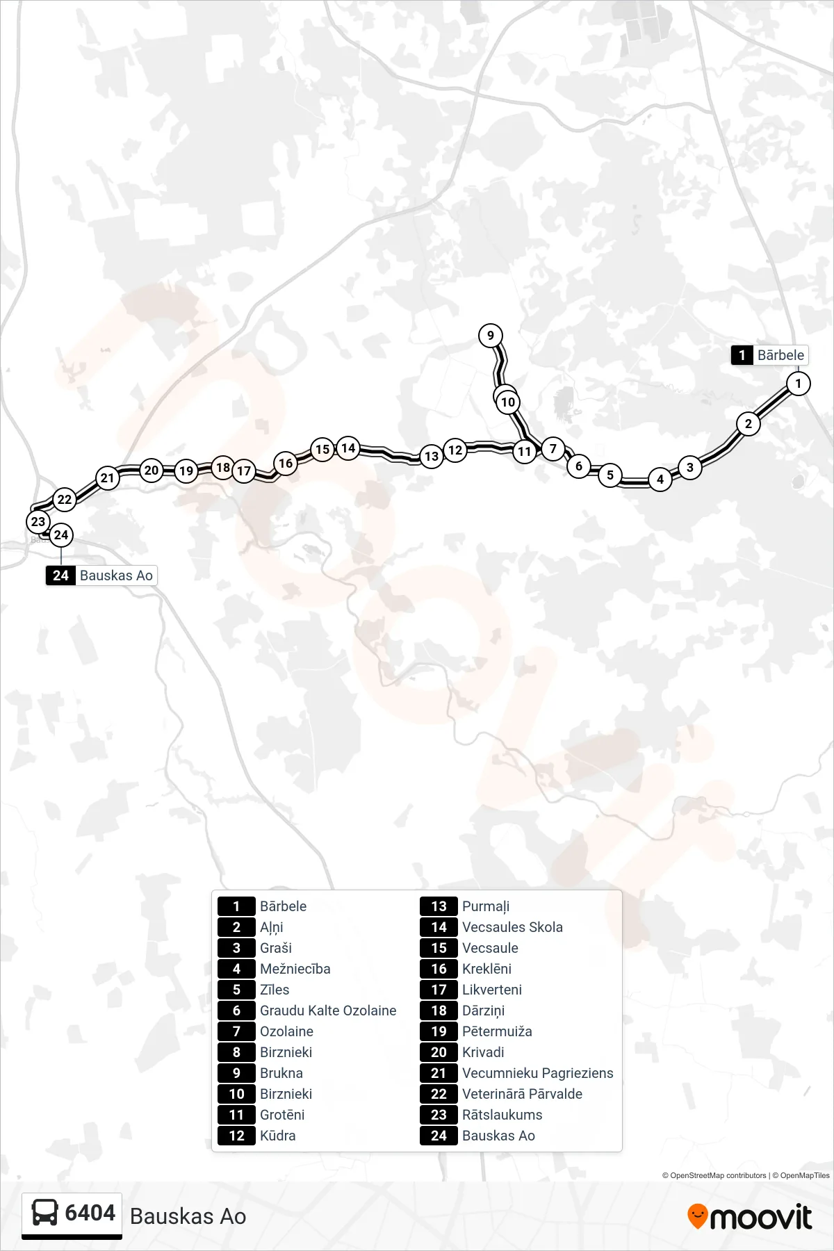 6404 bus Line (Bauskas Ao) route and stops on a map