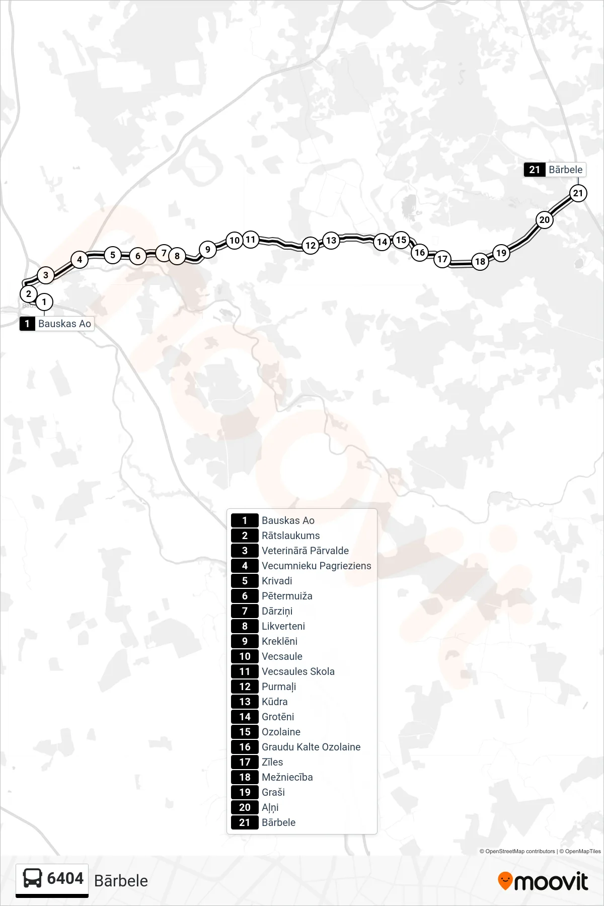 6404 bus Line (Bārbele) route and stops on a map