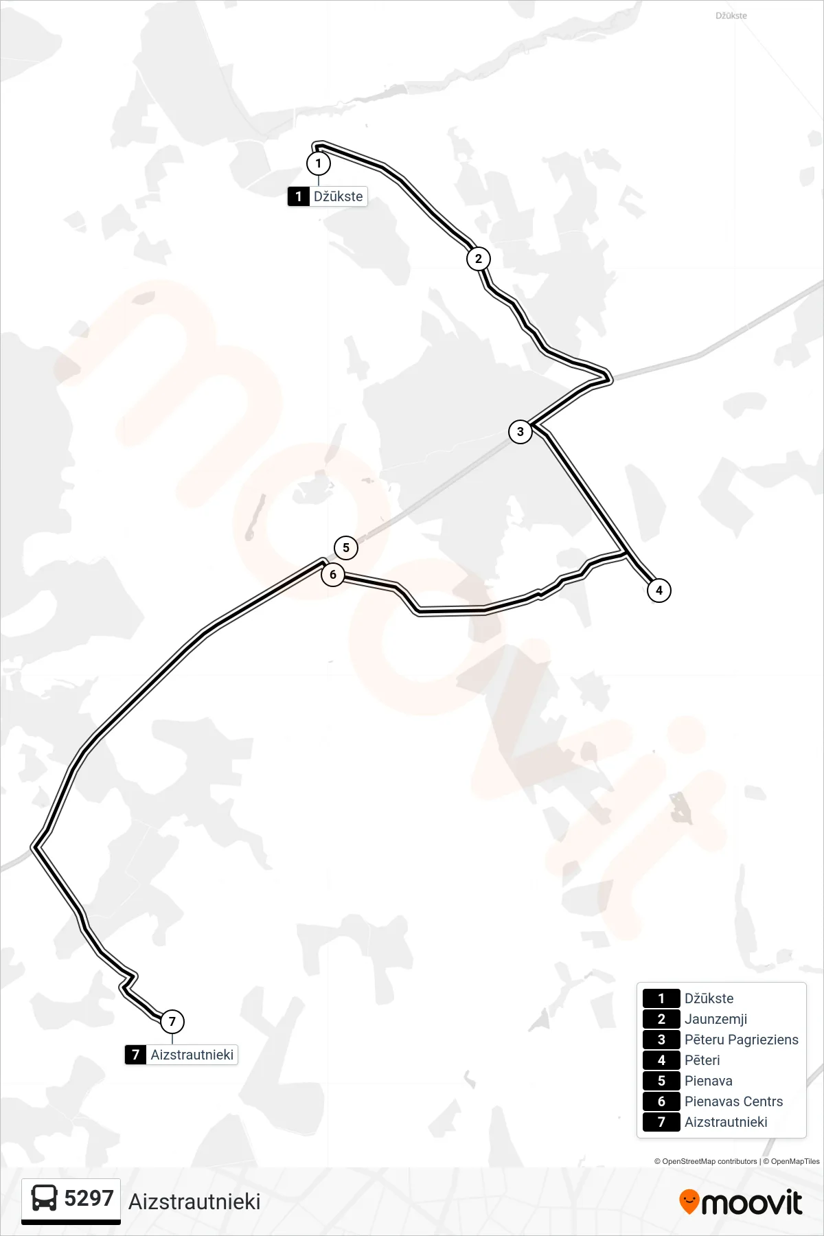 5297 bus Line (Aizstrautnieki) route and stops on a map
