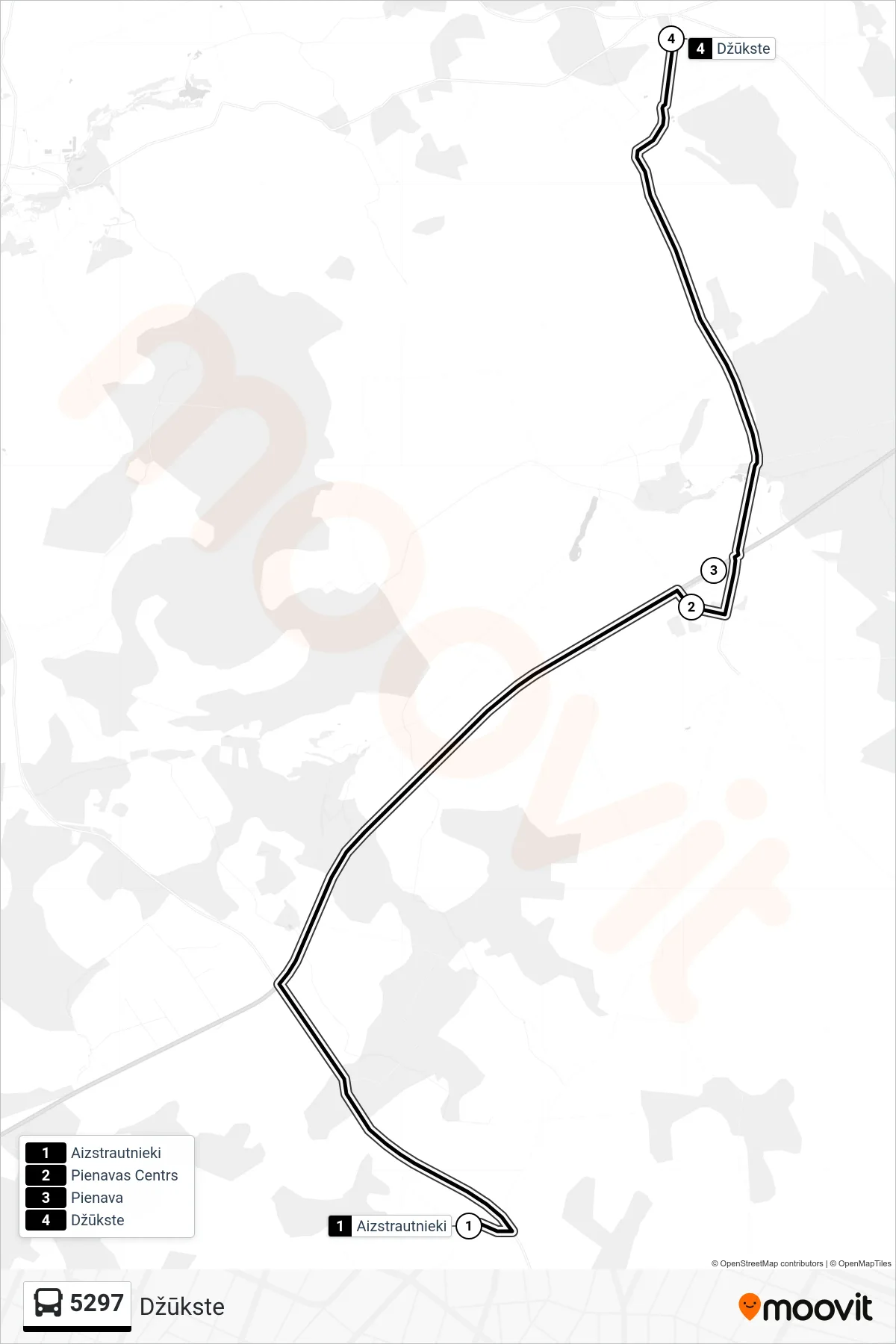 5297 bus Line (Džūkste) route and stops on a map
