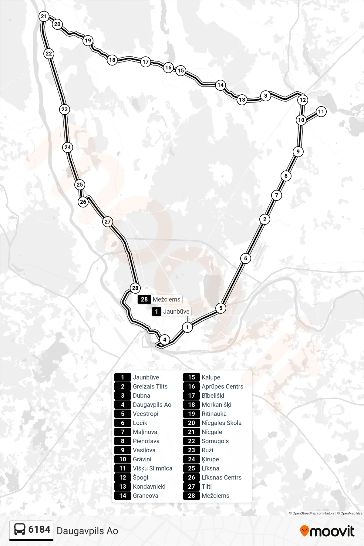 6184 bus Line (Daugavpils Ao) route and stops on a map
