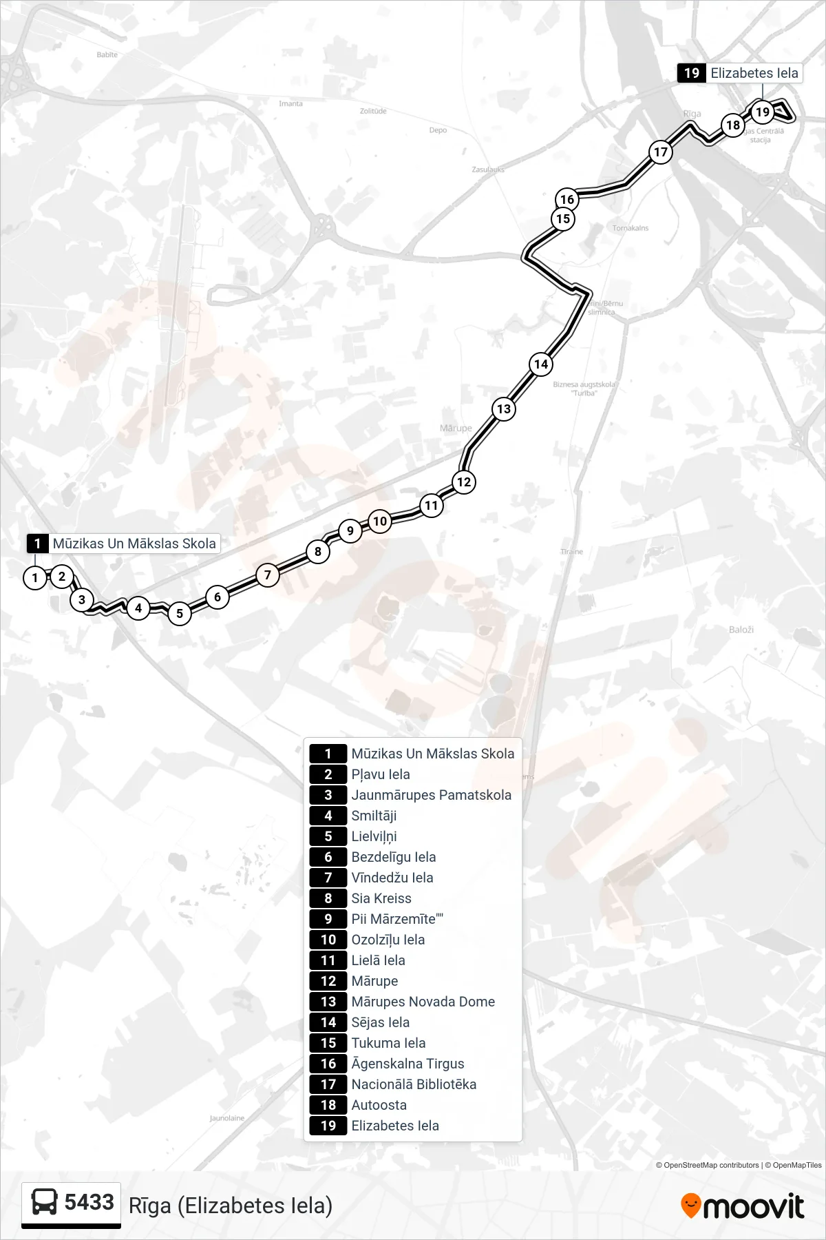 5433 bus Line (Rīga (Elizabetes Iela)) route and stops on a map