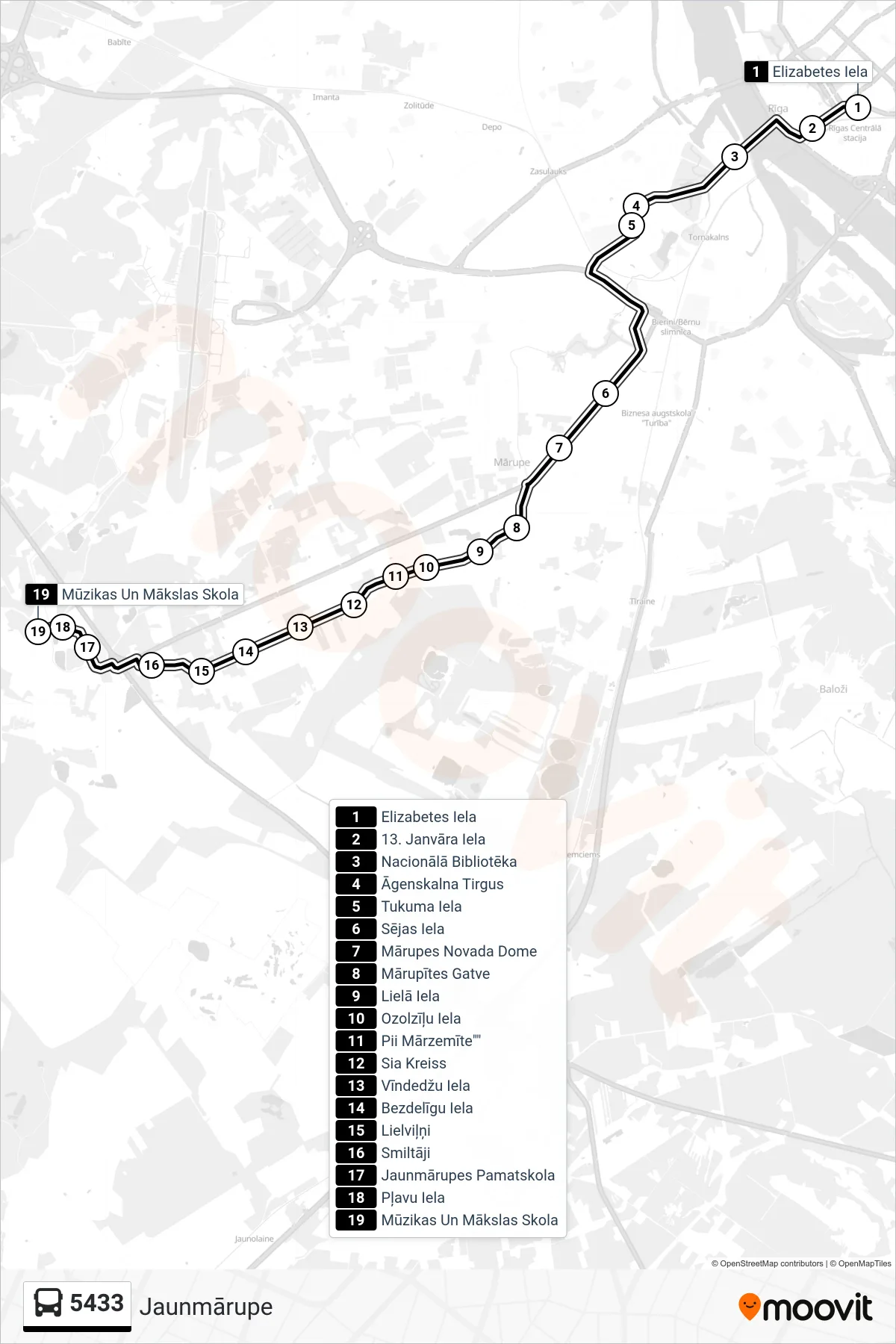 5433 bus Line (Jaunmārupe) route and stops on a map
