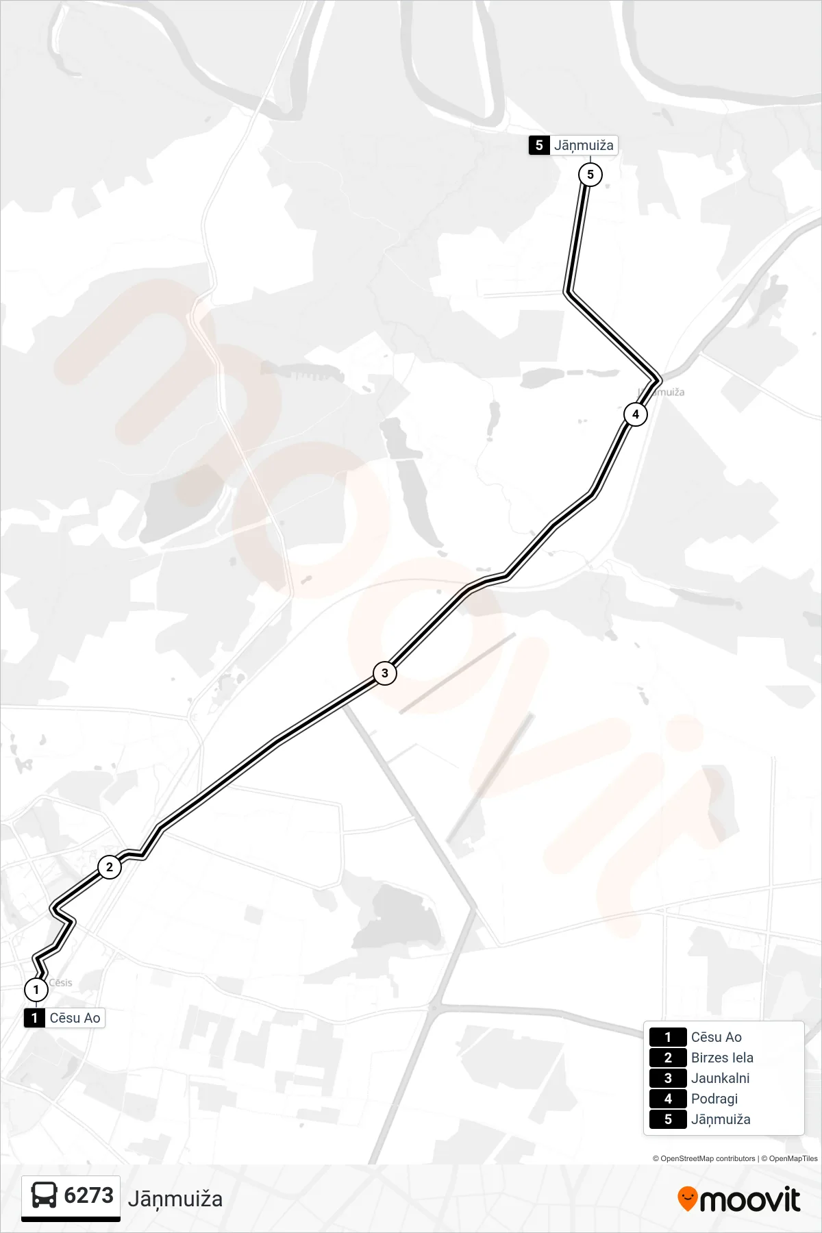 6273 bus Line (Jāņmuiža) route and stops on a map