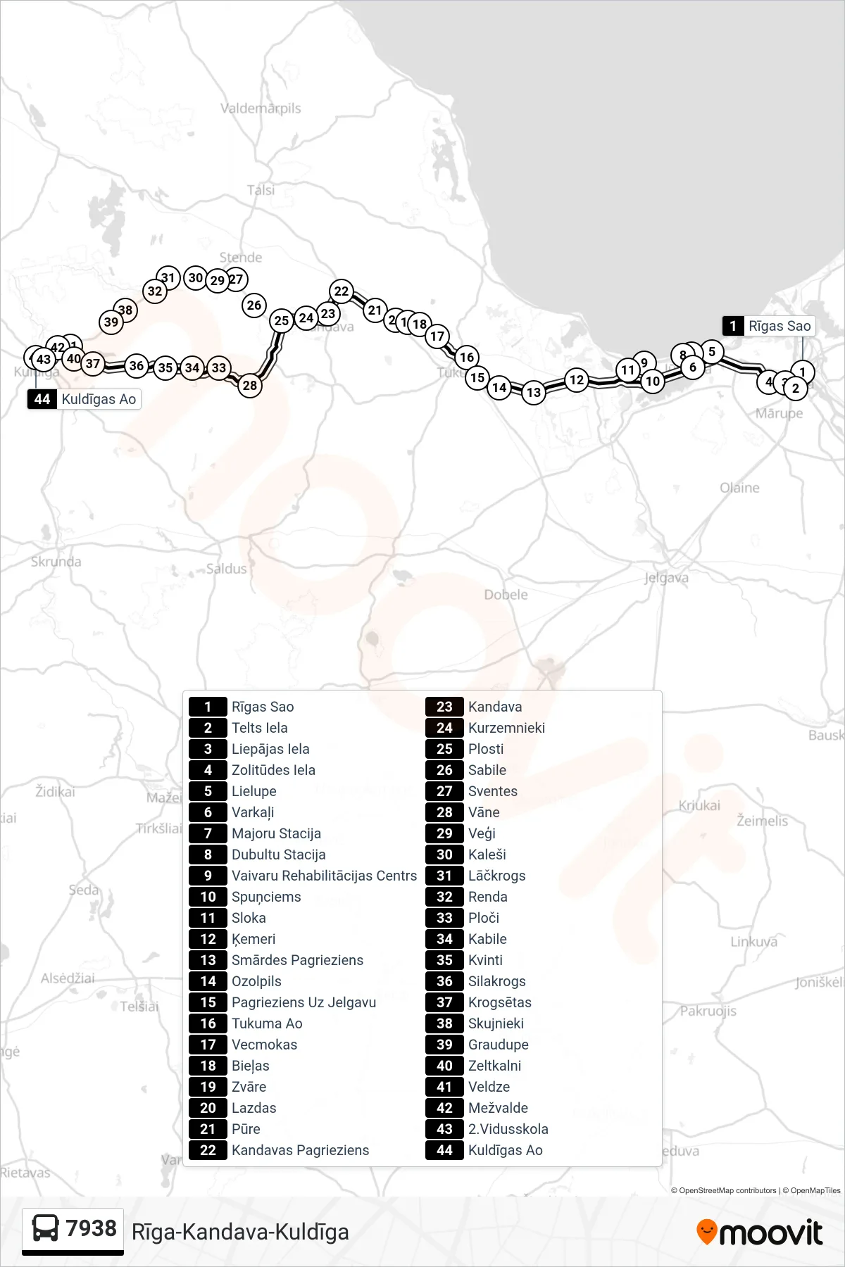 7938 bus Line (Kuldīgas Ao) route and stops on a map