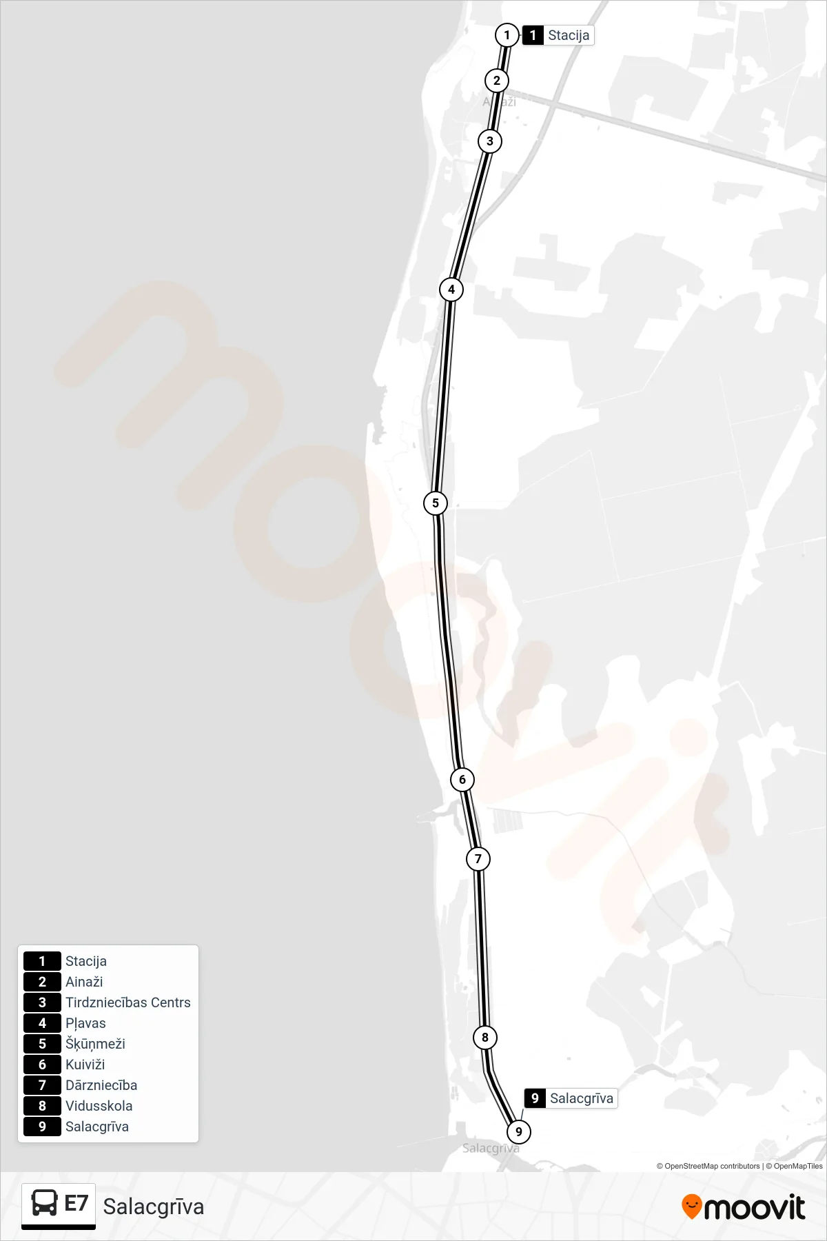 E7 bus Line (Salacgrīva) route and stops on a map