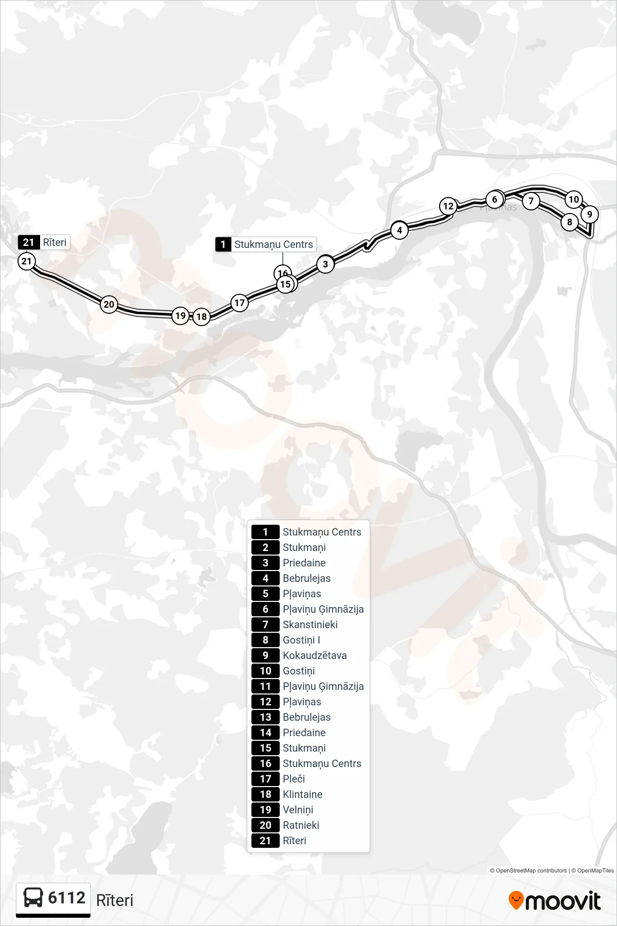 6112 bus Line (Rīteri) route and stops on a map