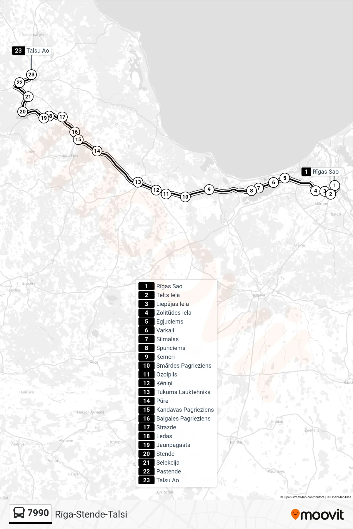 7990 bus Line (Talsu Ao) route and stops on a map