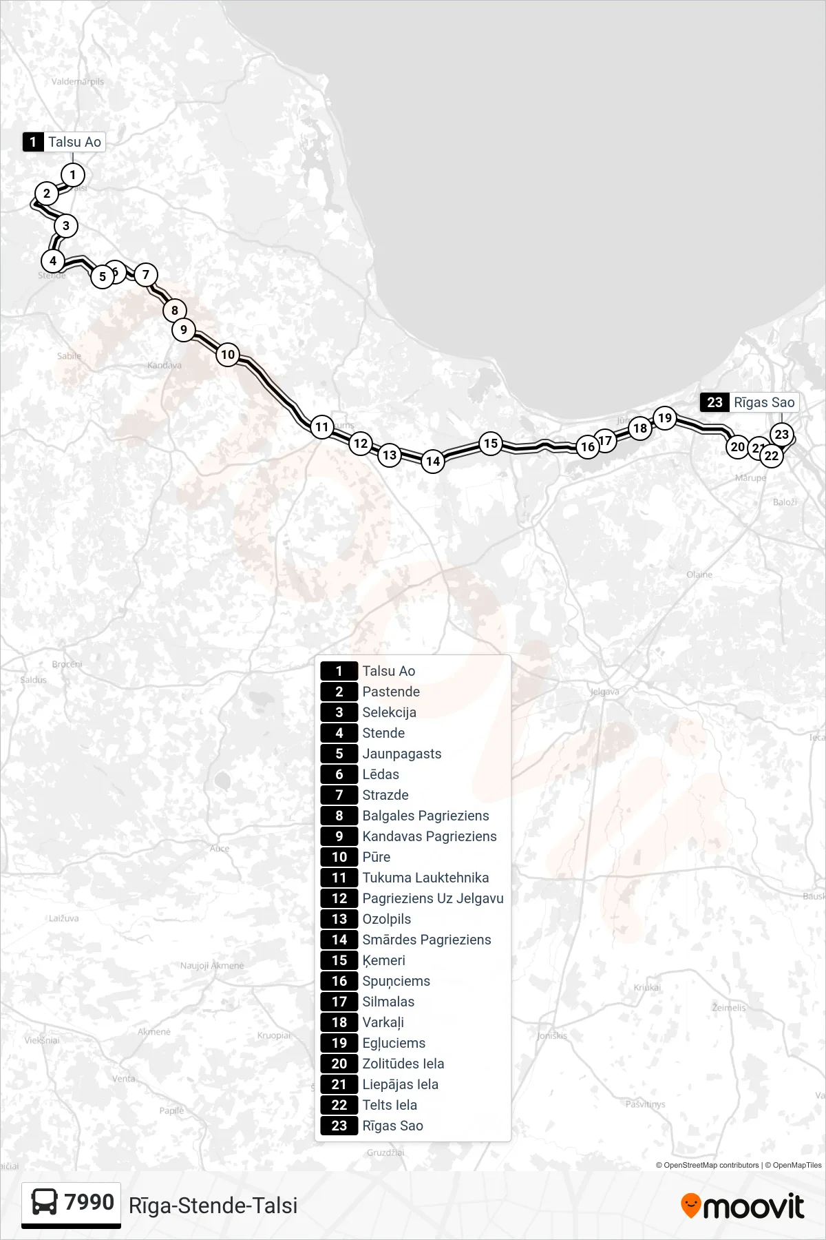 7990 bus Line (Rīgas Sao) route and stops on a map