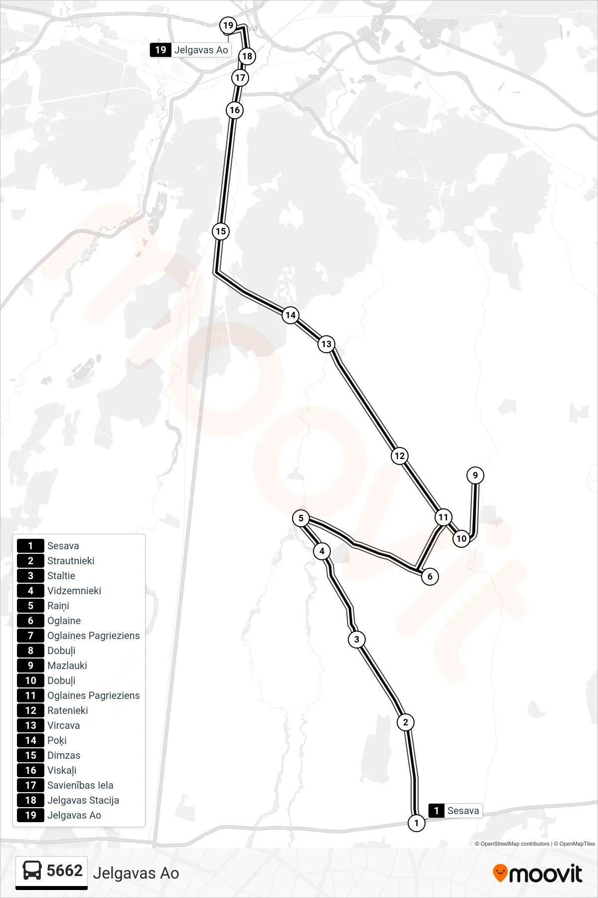 5662 bus Line (Jelgavas Ao) route and stops on a map
