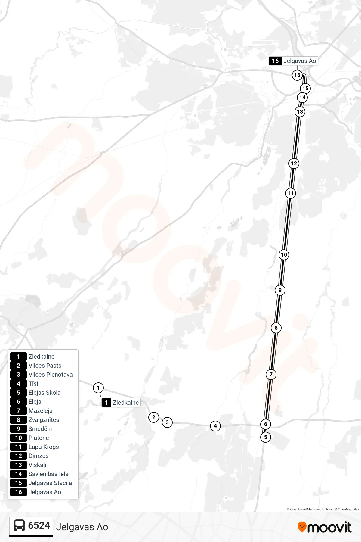 6524 bus Line (Jelgavas Ao) route and stops on a map