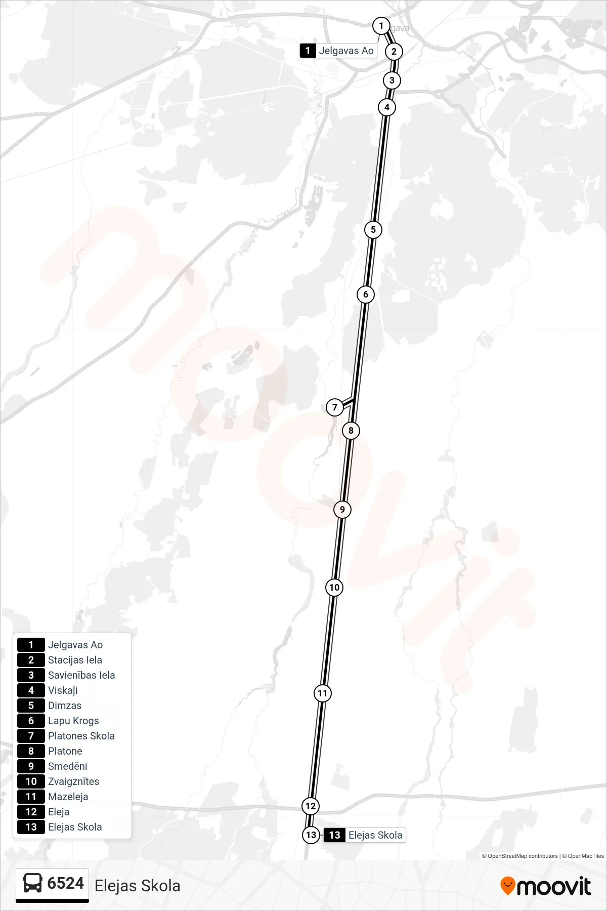 6524 bus Line (Elejas Skola) route and stops on a map