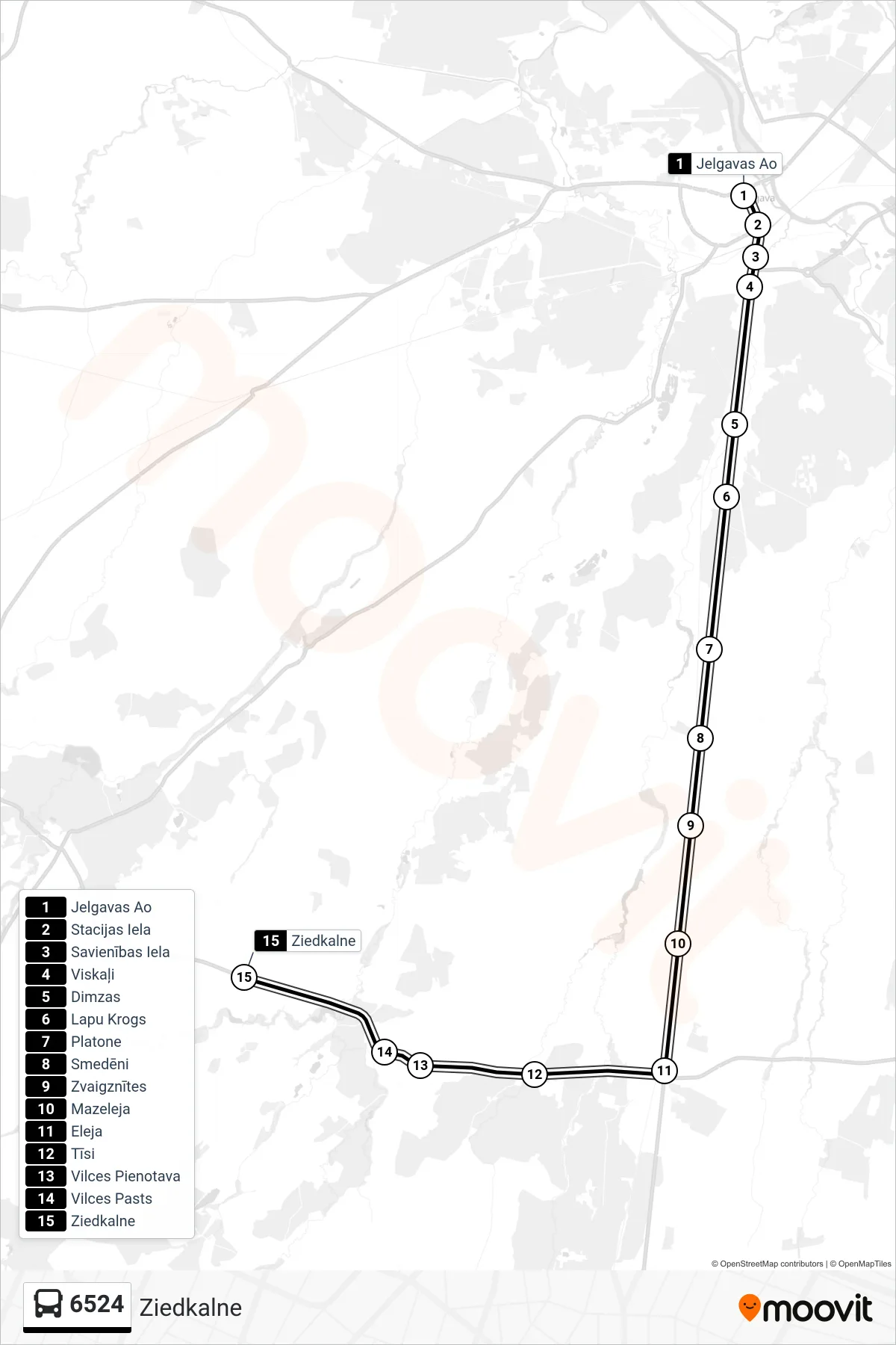 6524 bus Line (Ziedkalne) route and stops on a map