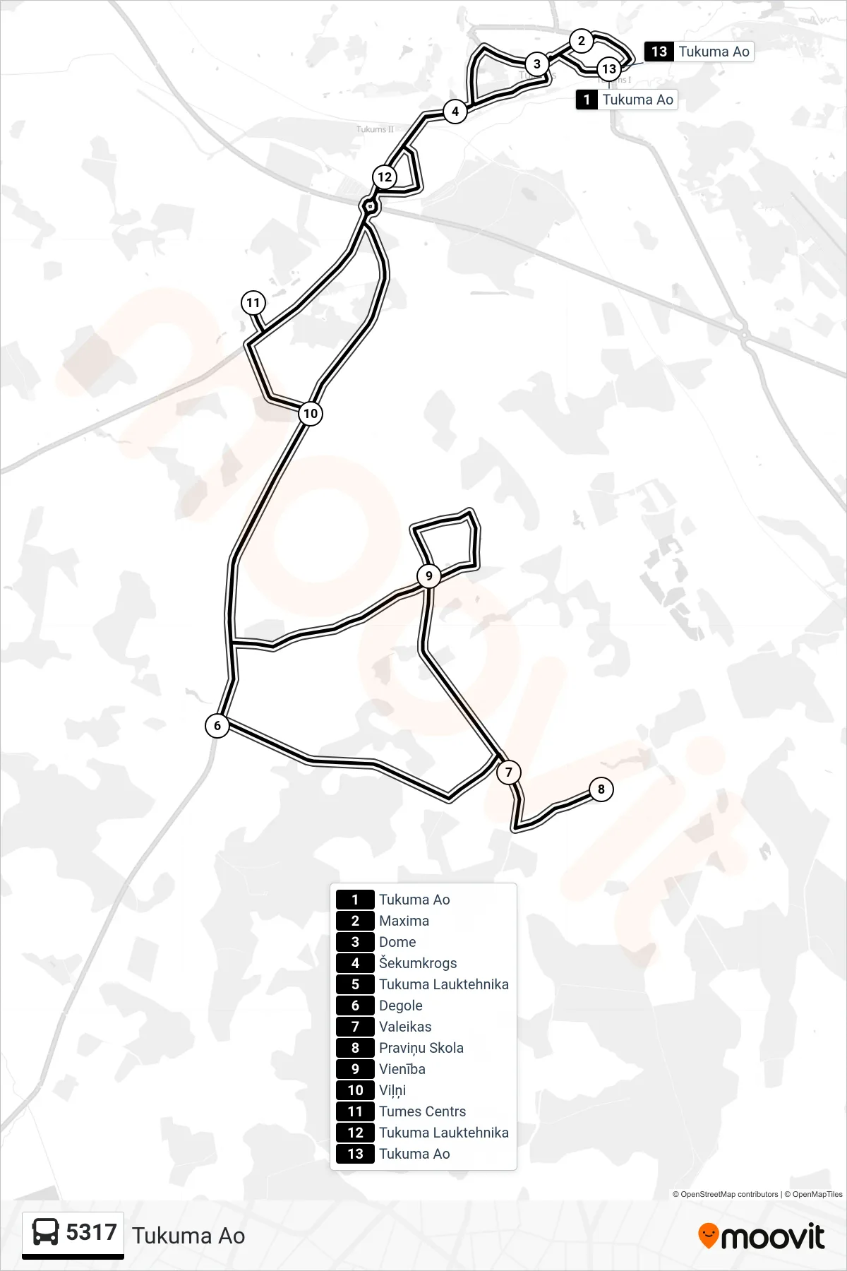 5317 bus Line (Tukuma Ao) route and stops on a map