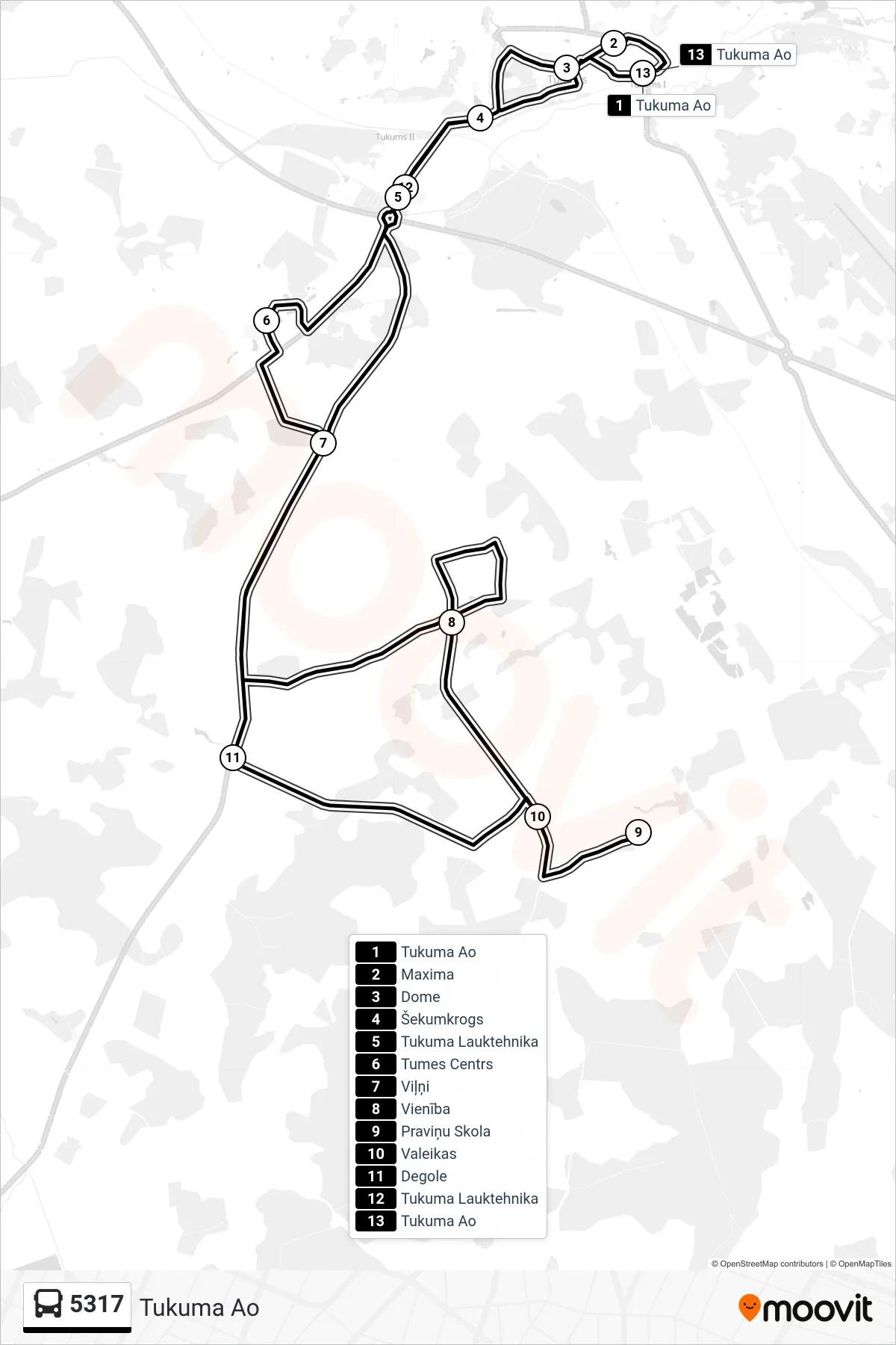 5317 bus Line (Tukuma Ao) route and stops on a map