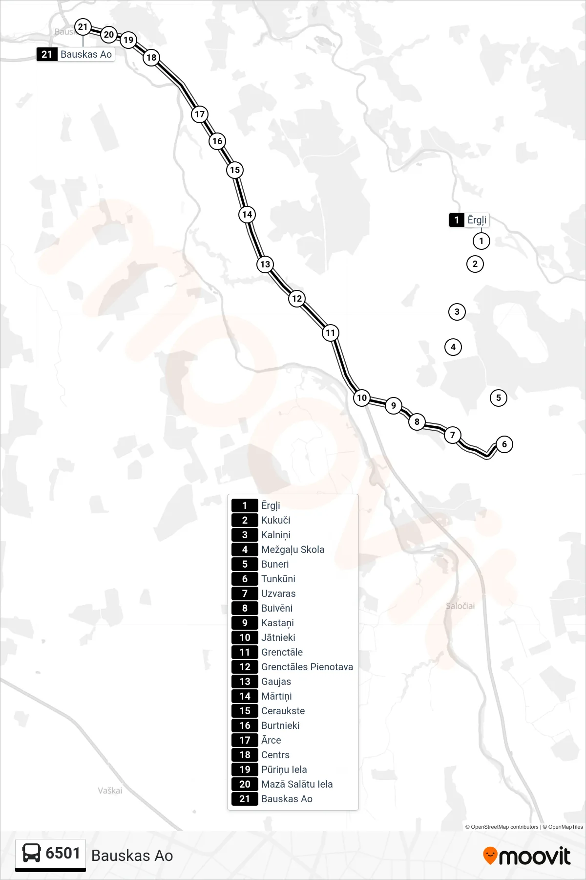 6501 bus Line (Bauskas Ao) route and stops on a map
