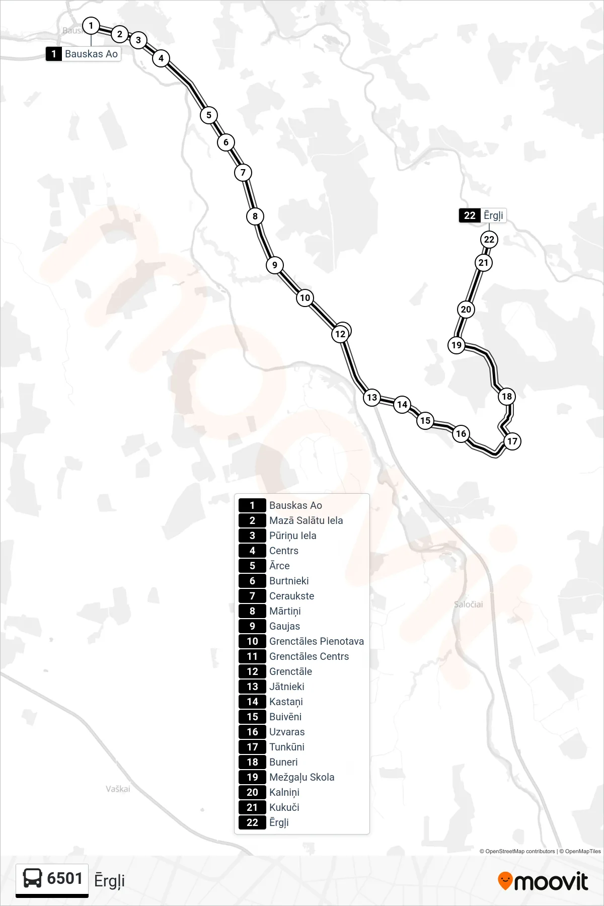 6501 bus Line (Ērgļi) route and stops on a map