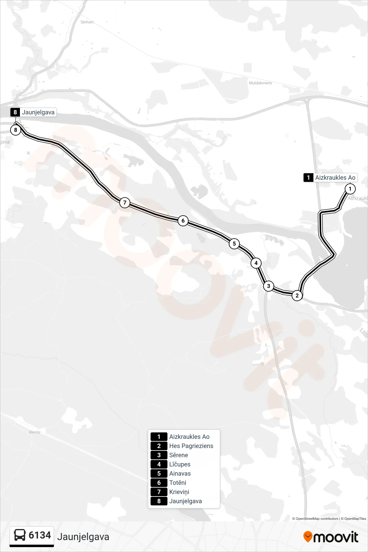 6134 bus Line (Jaunjelgava) route and stops on a map