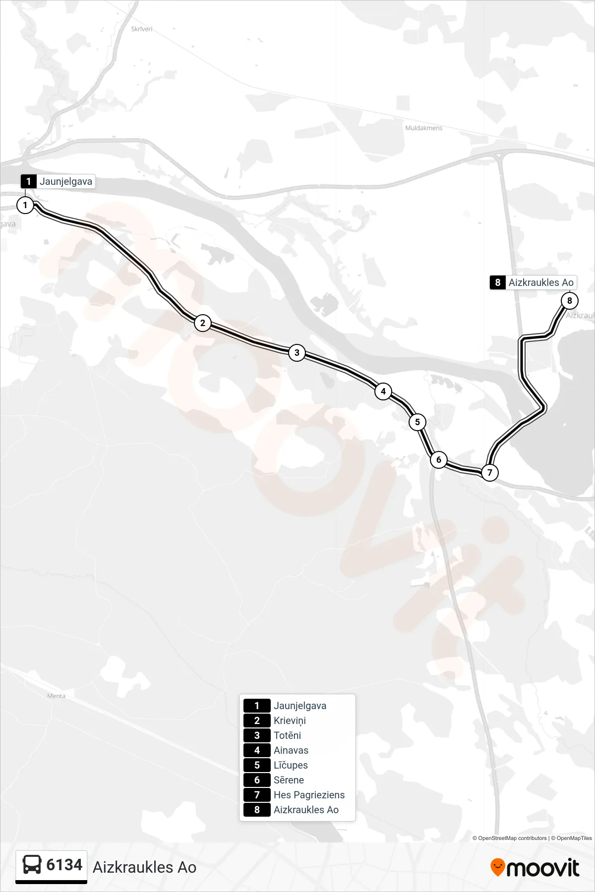 6134 bus Line (Aizkraukles Ao) route and stops on a map