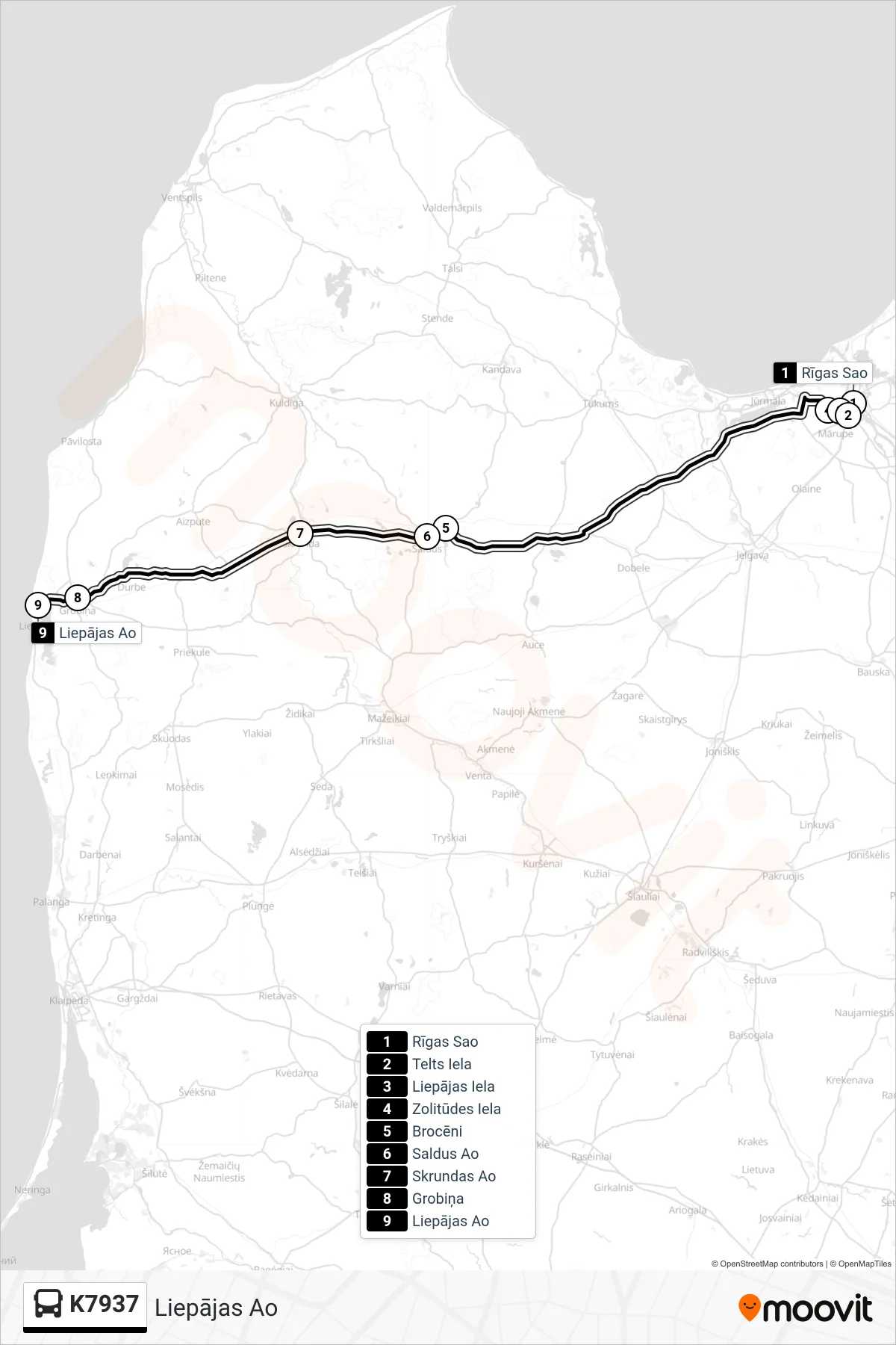 K7937 bus Line (Liepājas Ao) route and stops on a map