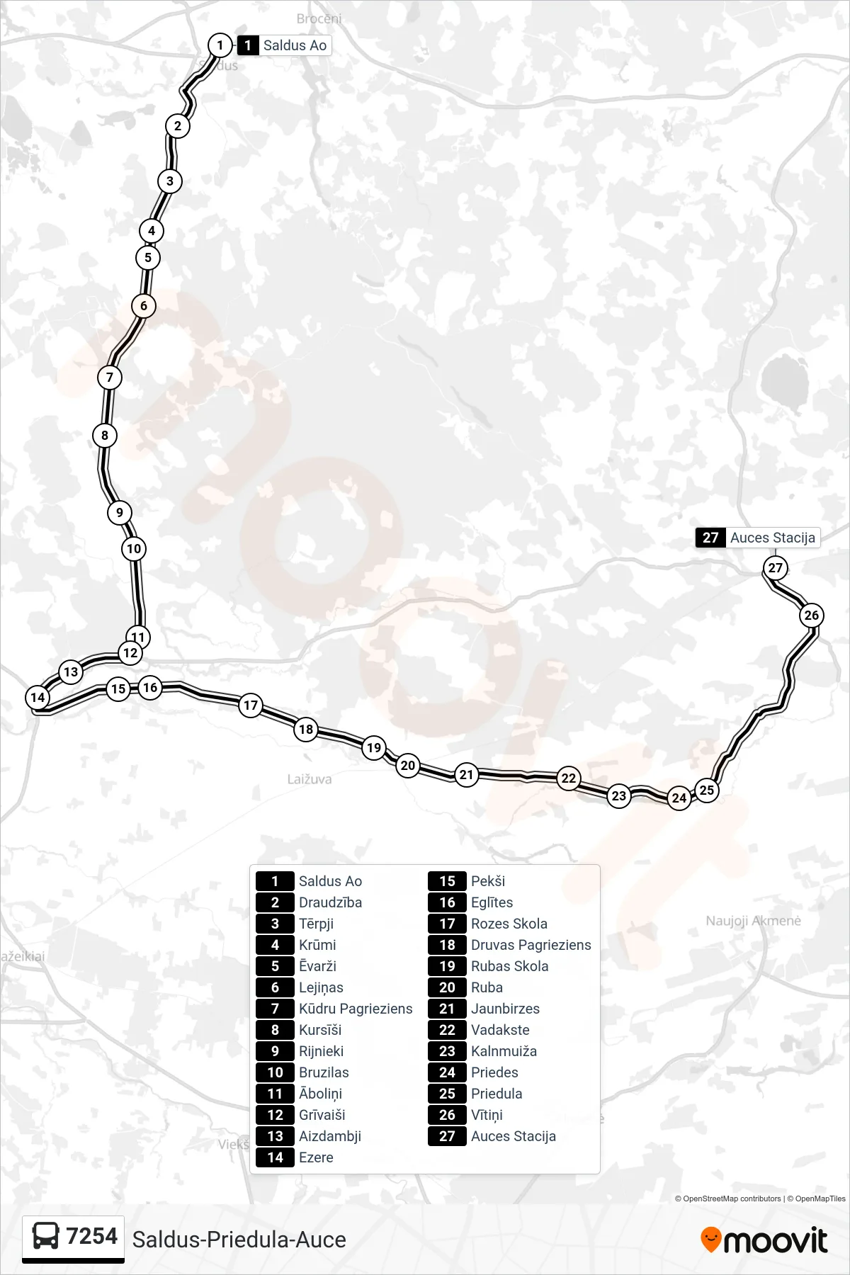 7254 bus Line (Auces Stacija) route and stops on a map