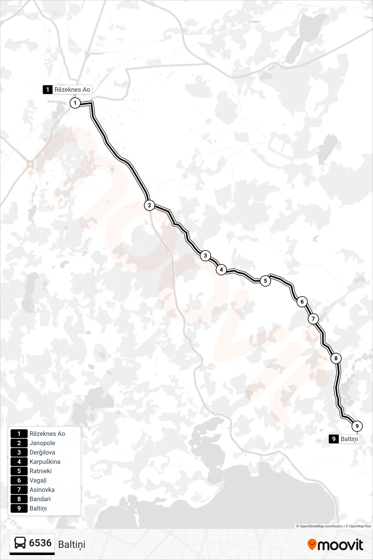 6536 bus Line (Baltiņi) route and stops on a map