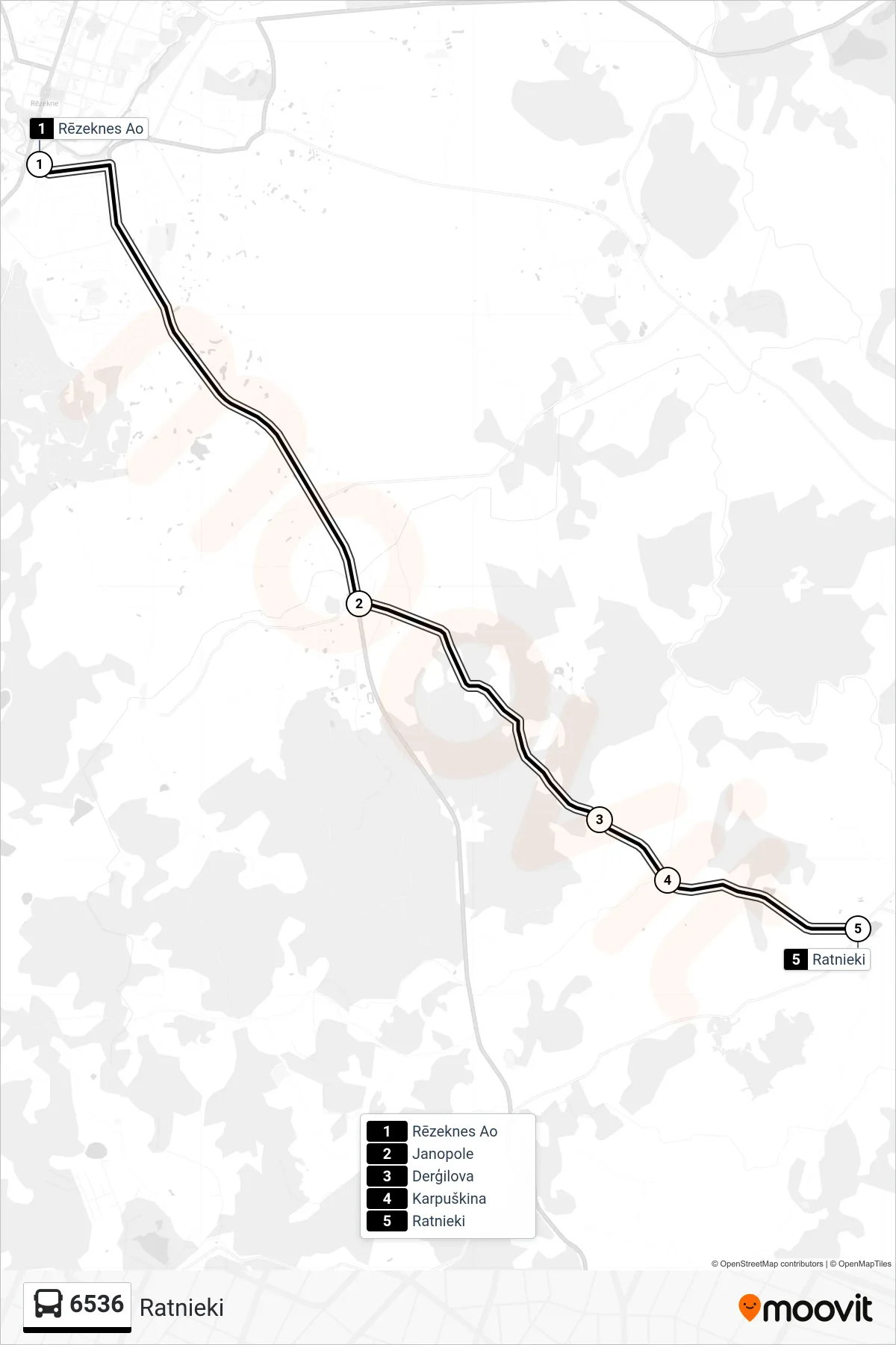 6536 bus Line (Ratnieki) route and stops on a map