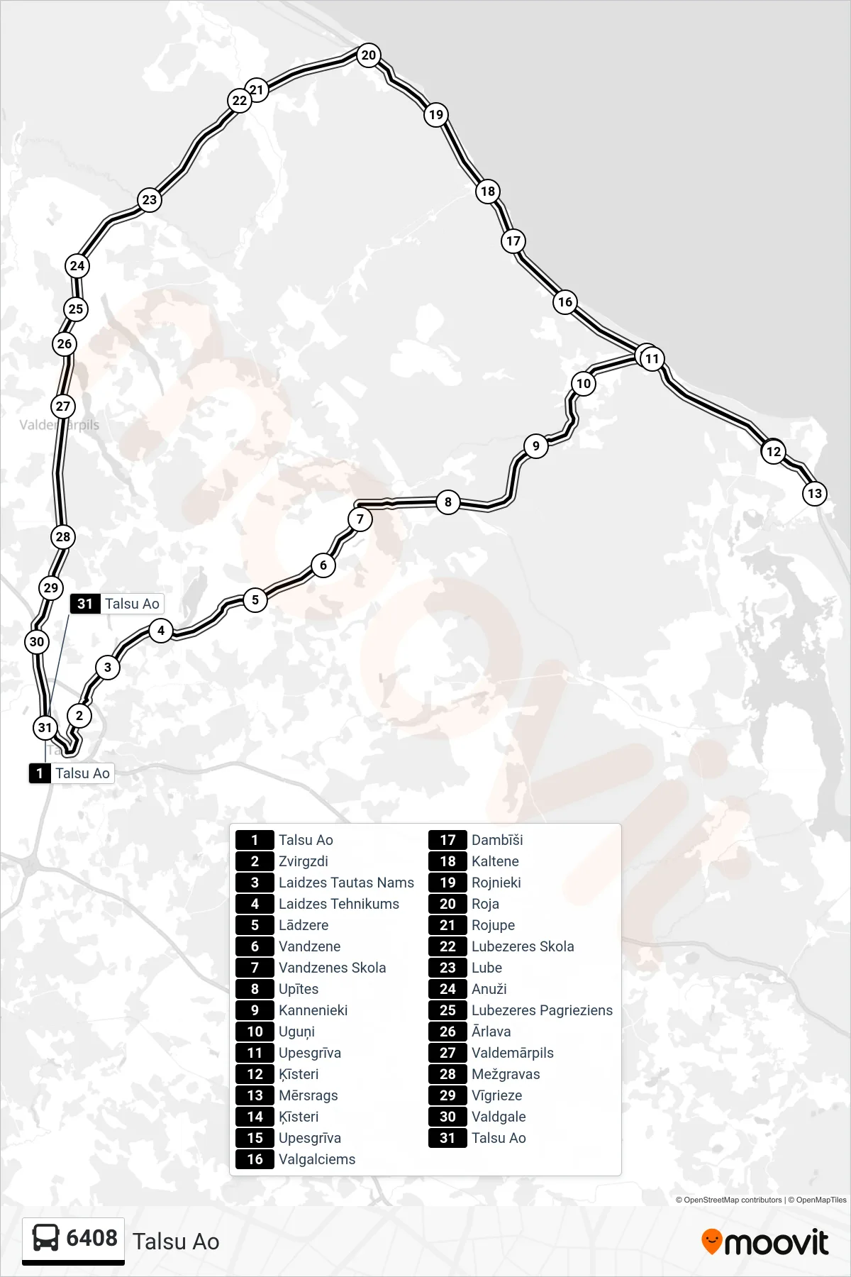 6408 bus Line (Talsu Ao) route and stops on a map