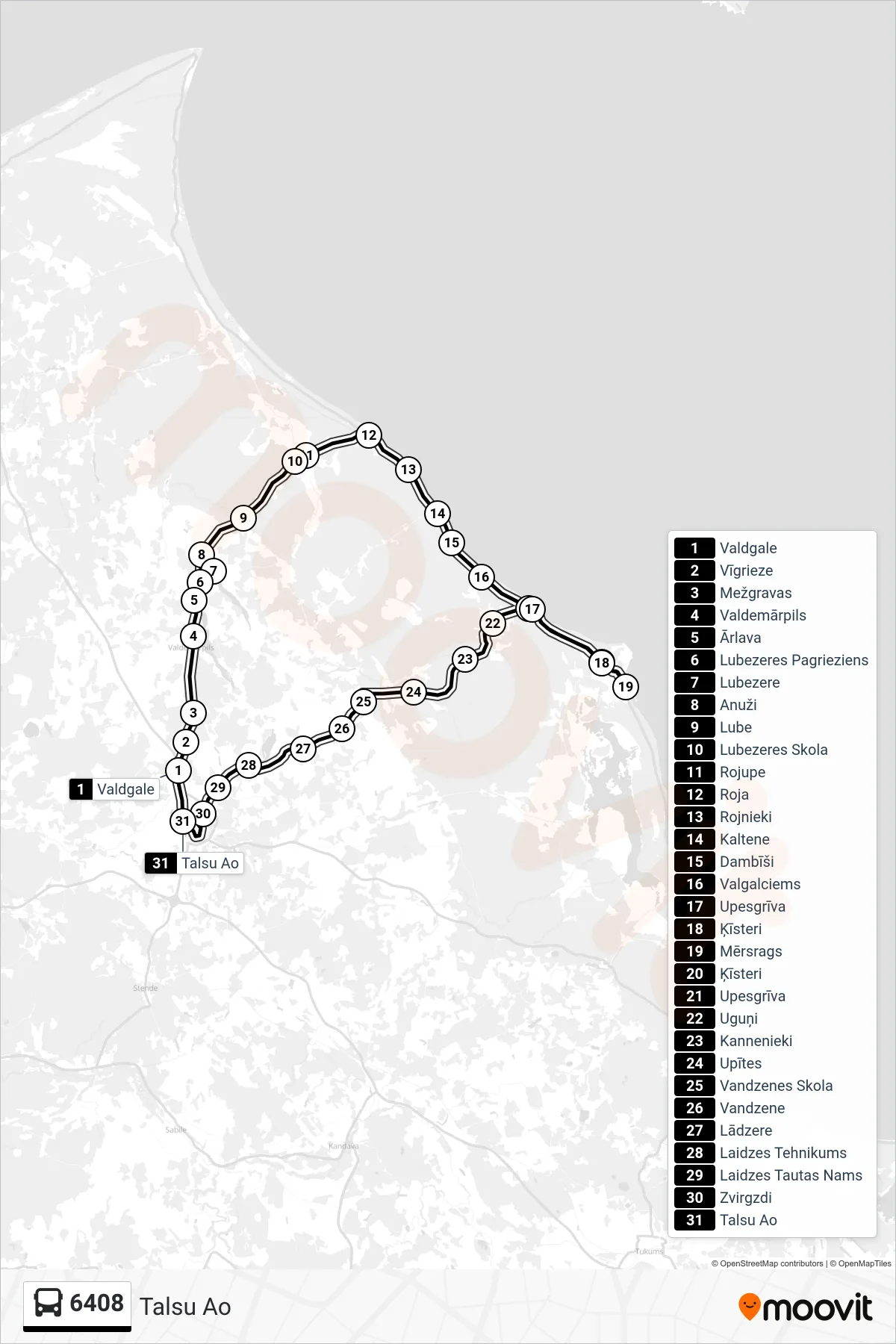 6408 bus Line (Talsu Ao) route and stops on a map