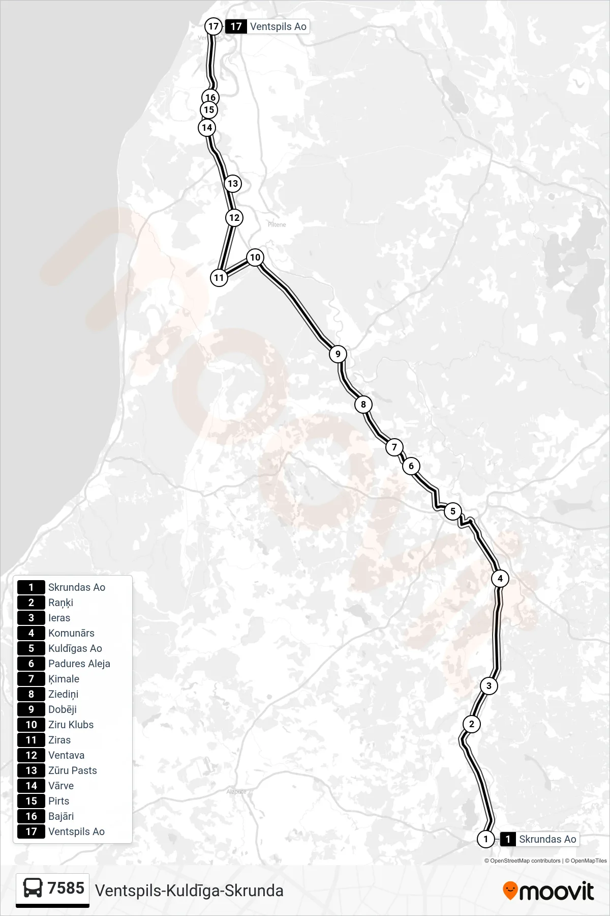 7585 bus Line (Ventspils Ao) route and stops on a map