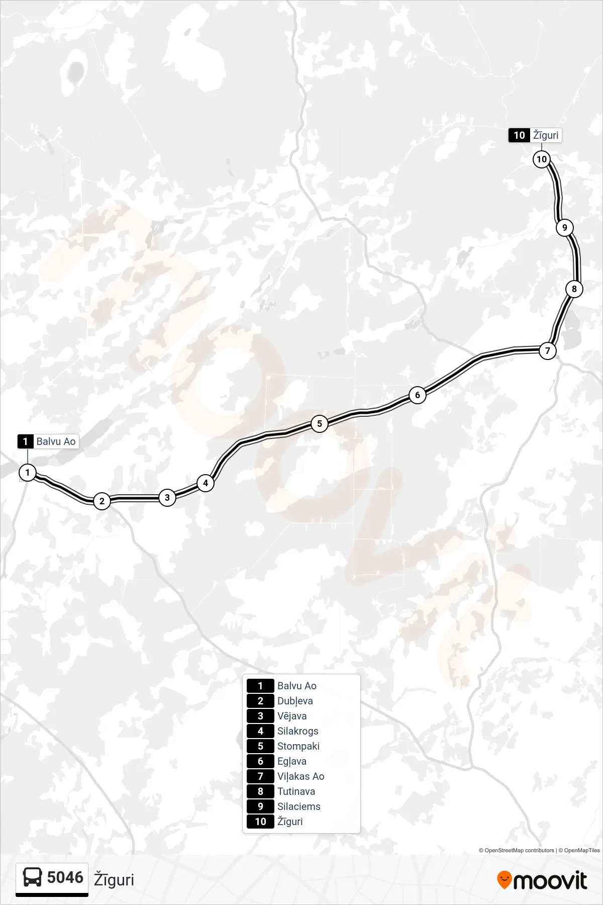 5046 bus Line (Žīguri) route and stops on a map