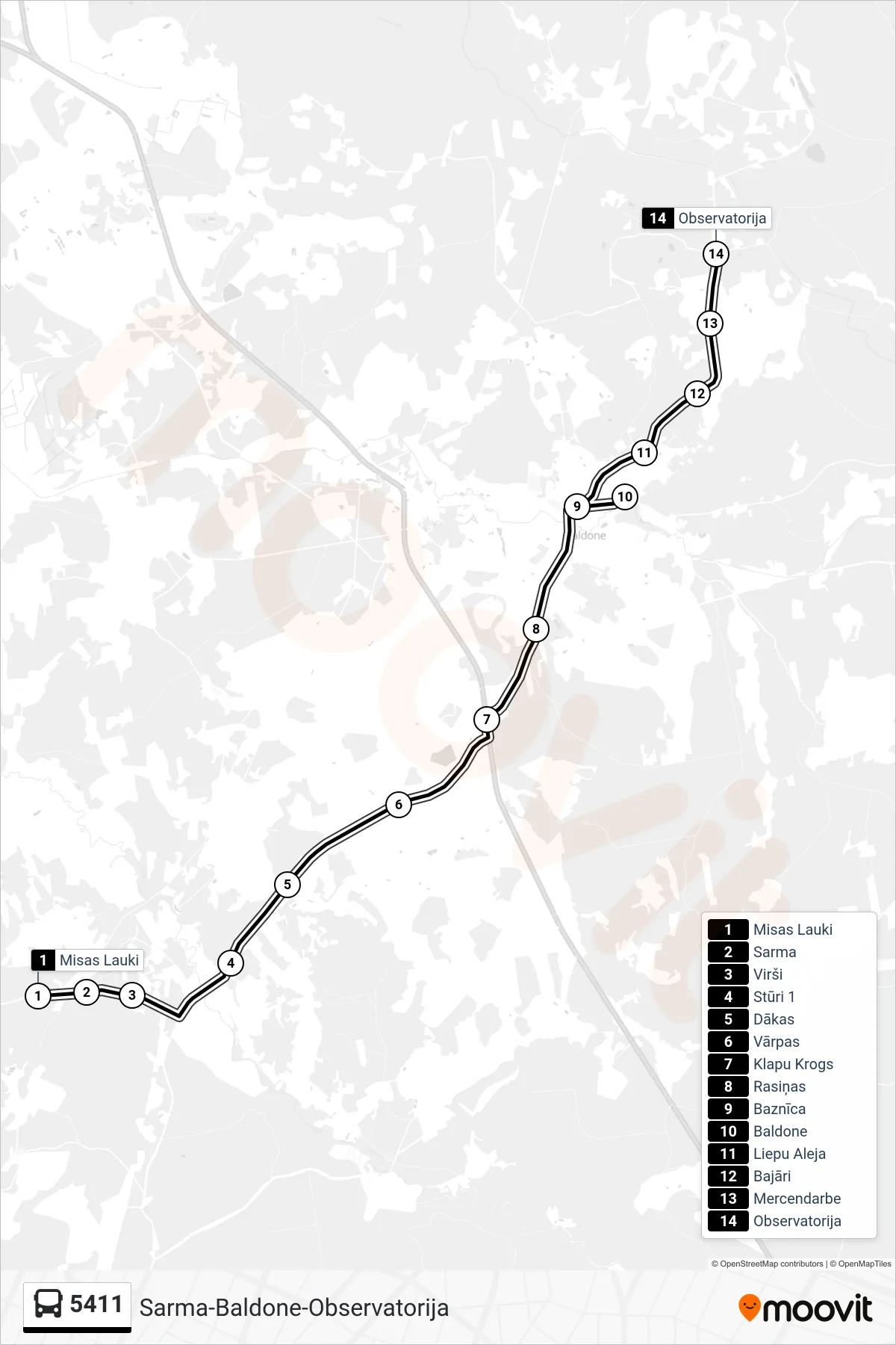 5411 bus Line (Observatorija) route and stops on a map