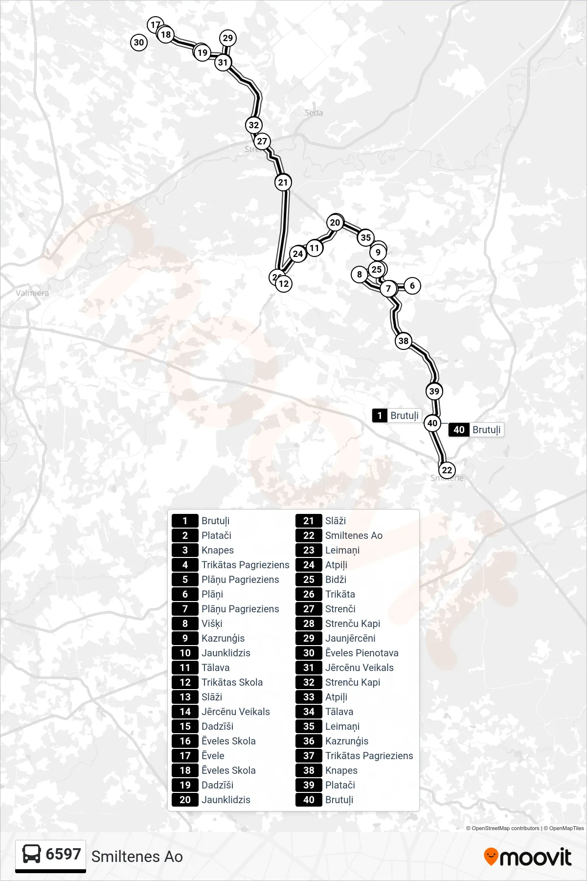 6597 bus Line (Smiltenes Ao) route and stops on a map