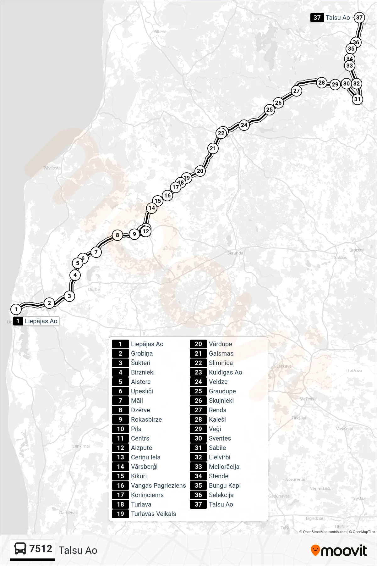 7512 bus Line (Talsu Ao) route and stops on a map