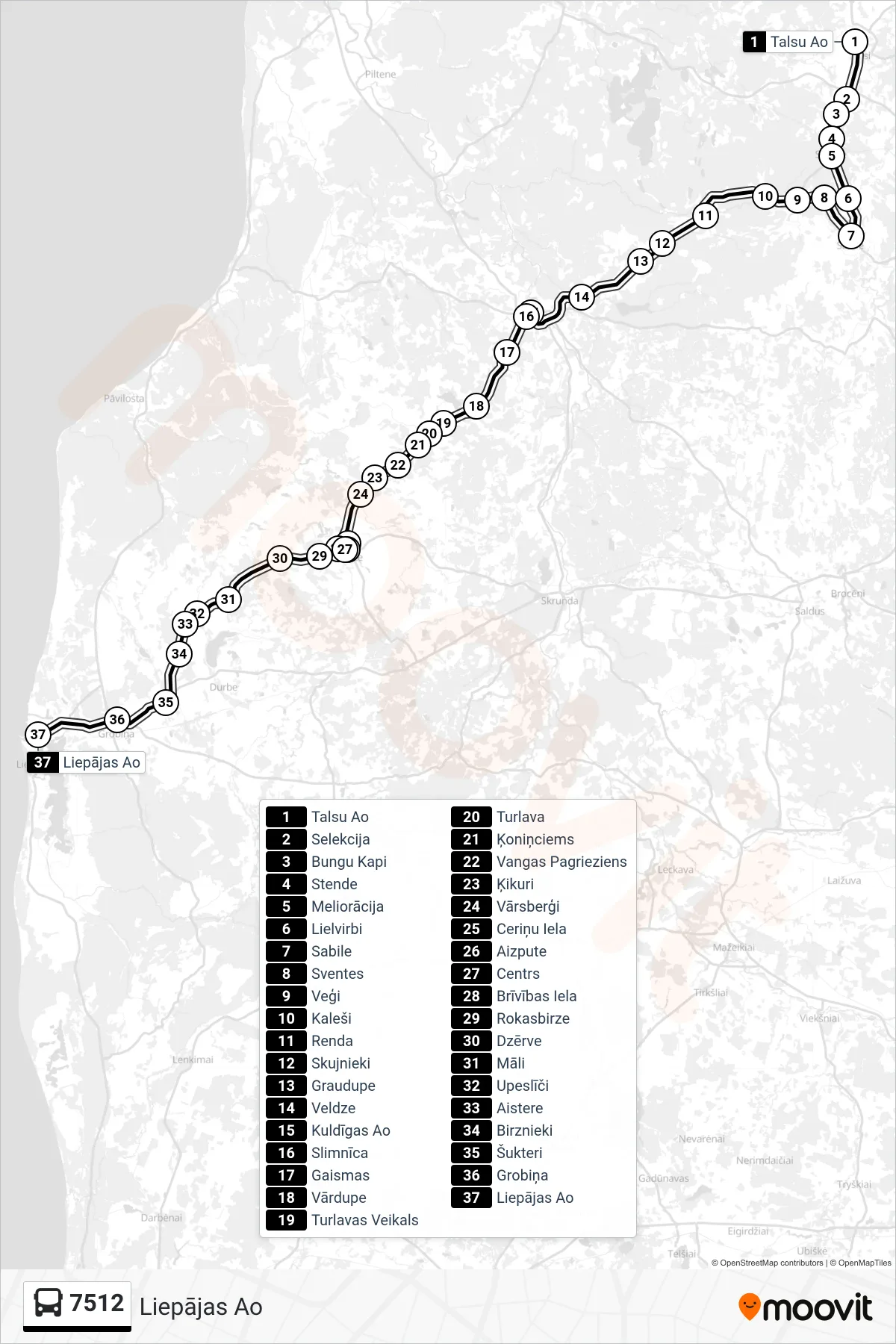 7512 bus Line (Liepājas Ao) route and stops on a map