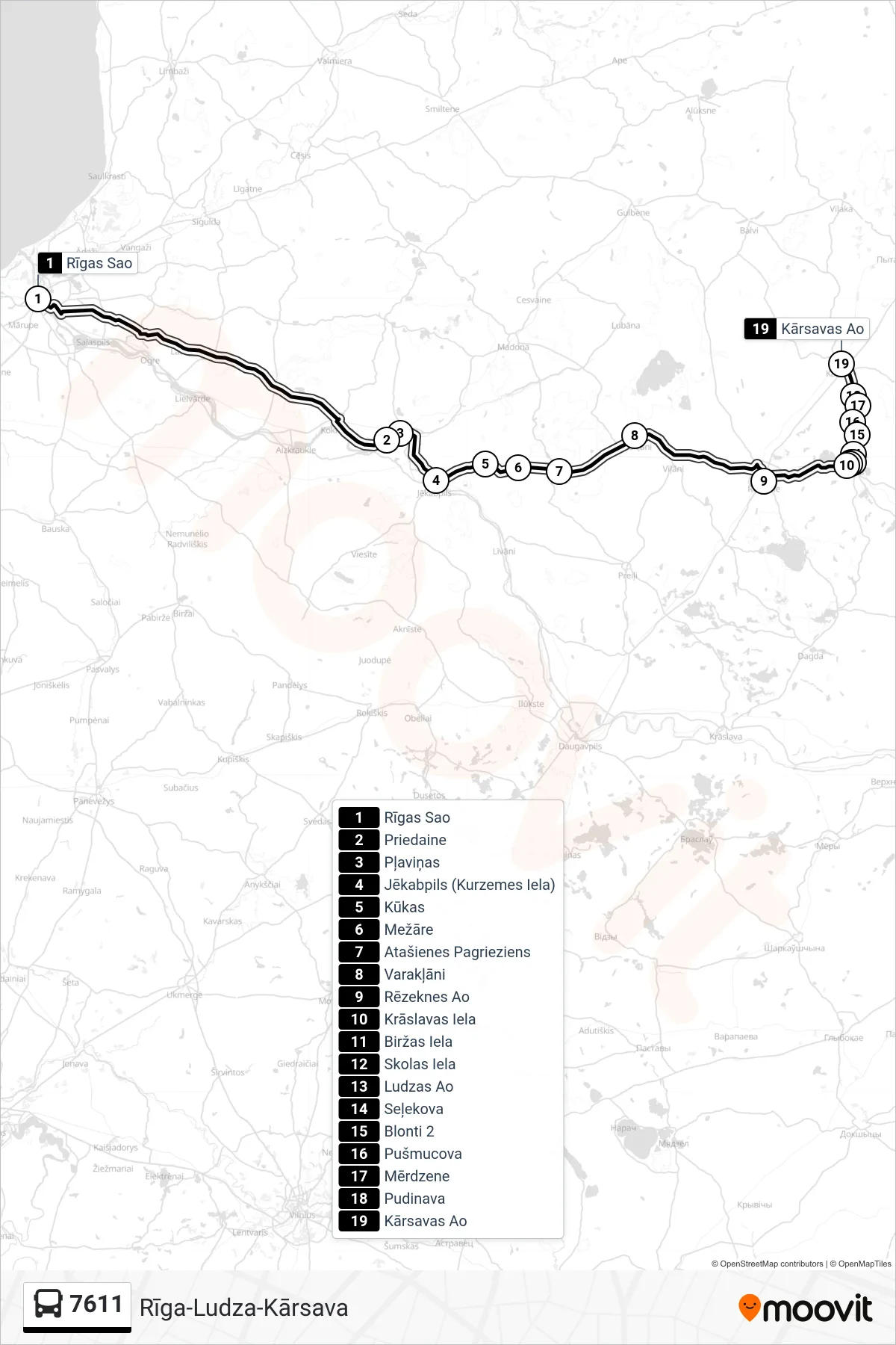 7611 bus Line (Kārsavas Ao) route and stops on a map
