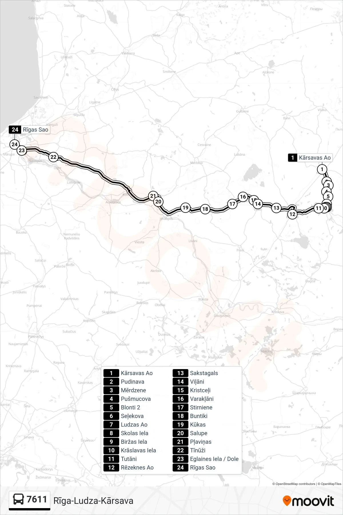 7611 bus Line (Rīgas Sao) route and stops on a map